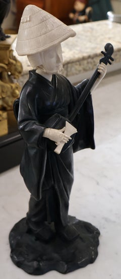 Antique Japanese Bronze Statue of Geisha Playing a Mandolin