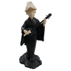 Antique Japanese Bronze Statue of Geisha Playing a Mandolin