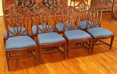 Set of 8 Regency Style Solid Mahogany Fleur-de-lis Blue Fabric Dining Chairs