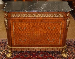 Louis XV French Style Walnut Inlaid Marble Top Gilt Ormolu Chest Dresser Commode