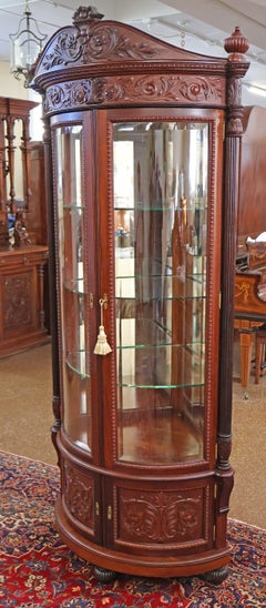 19th Century Victorian RJ Horner Carved Mahogany Beveled Glass Corner Cabinet