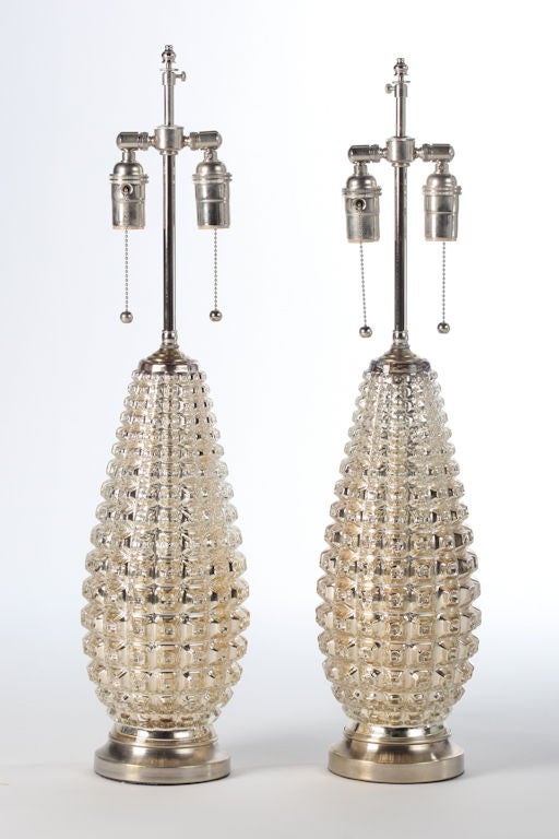 Beautiful pair of faux crocodile mercury glass lamps. Fully rewired with double sockets, nickel-plated solid brass hardware, two pull chains turn lamps on.