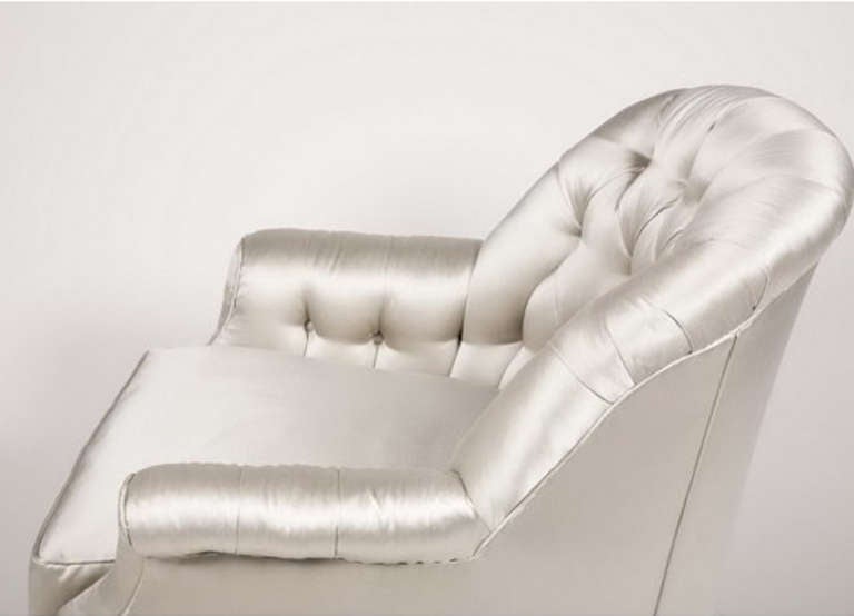 Glamorous Art Deco pewter silk upholstered club chair after Billy Haines, with down filled cushions. From a NYC 5th Avenue on Central Park apartment.