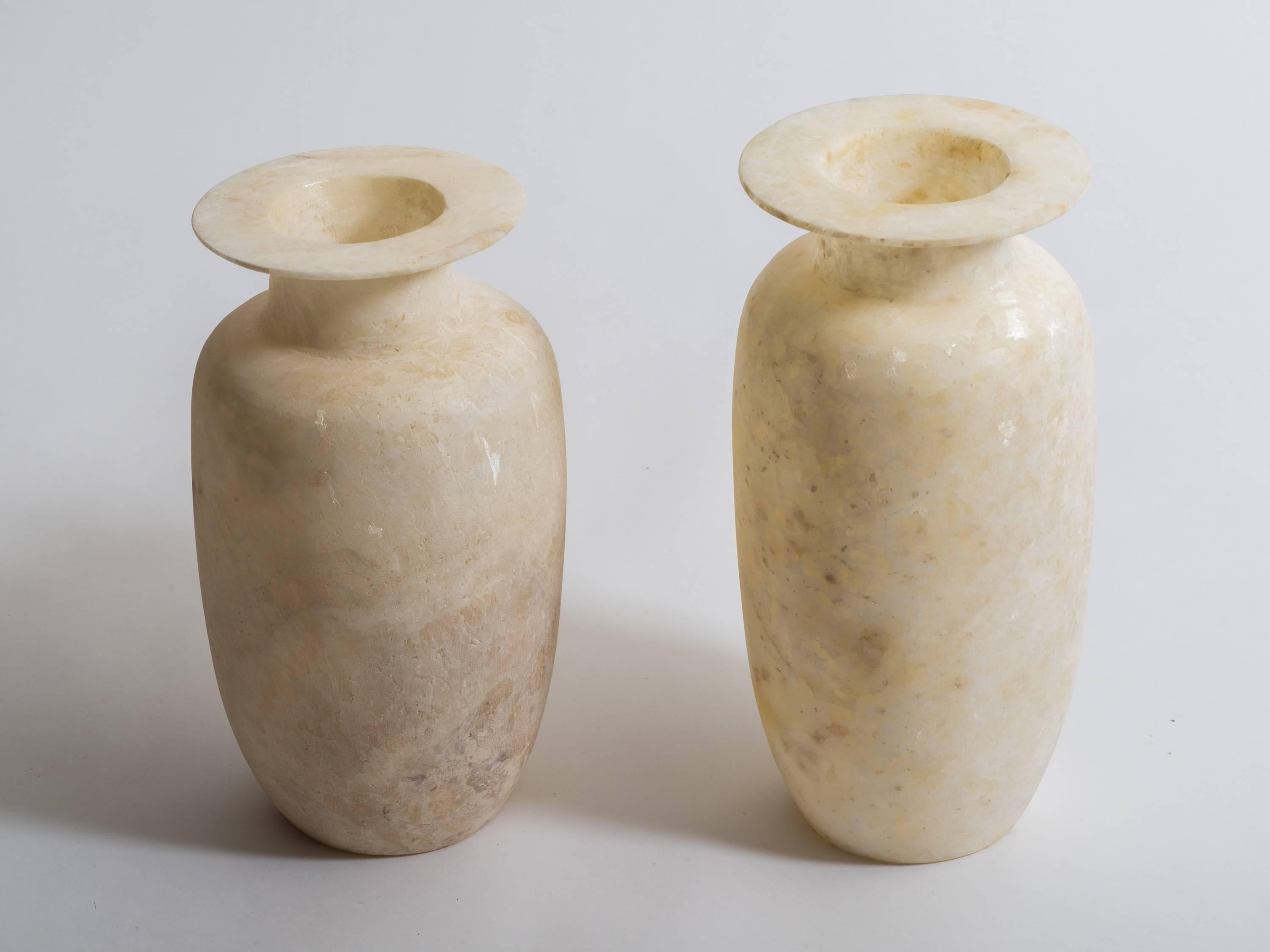 Hand-Carved Pair of Egyptian Alabaster Wide Rimmed Urn Vases