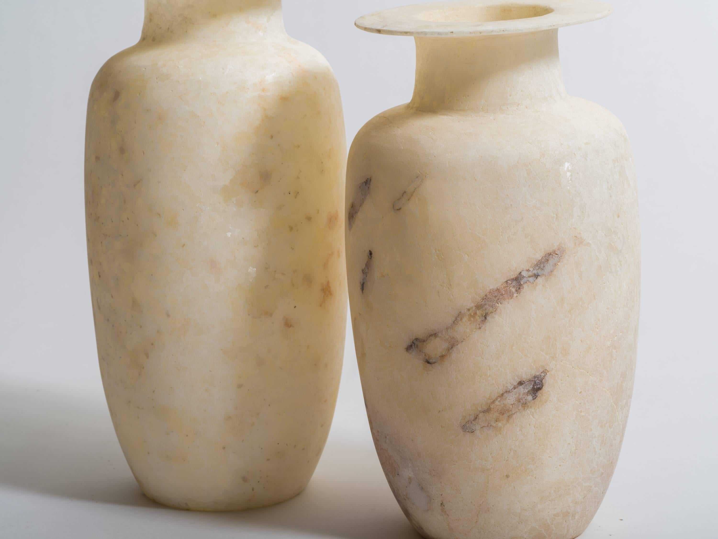Contemporary Pair of Egyptian Alabaster Wide Rimmed Urn Vases