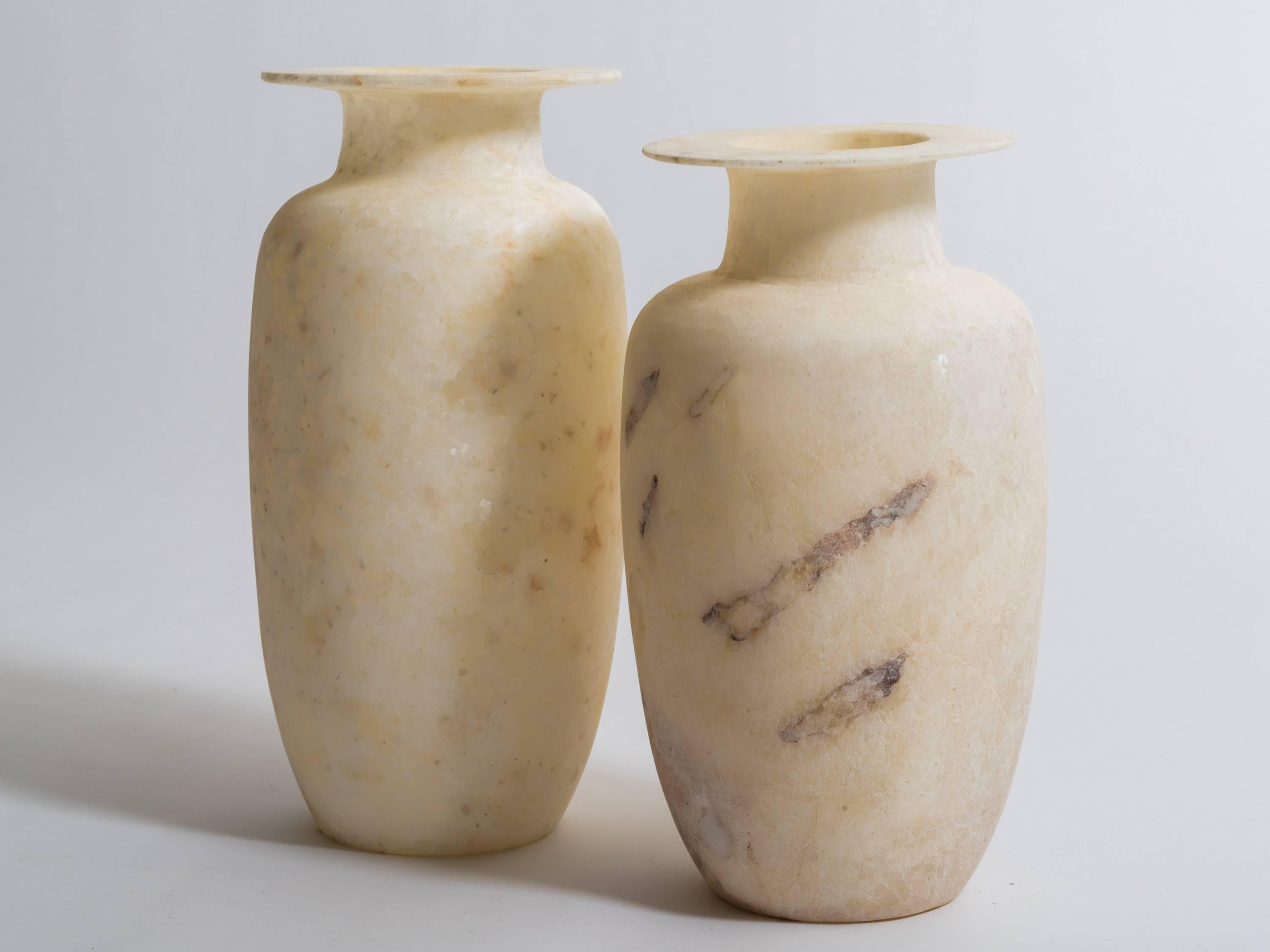 Pair of Egyptian Alabaster Wide Rimmed Urn Vases 1