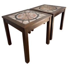 Danish Oak Side Tables With Hand Painted Tile Tops In the Manner of Picasso