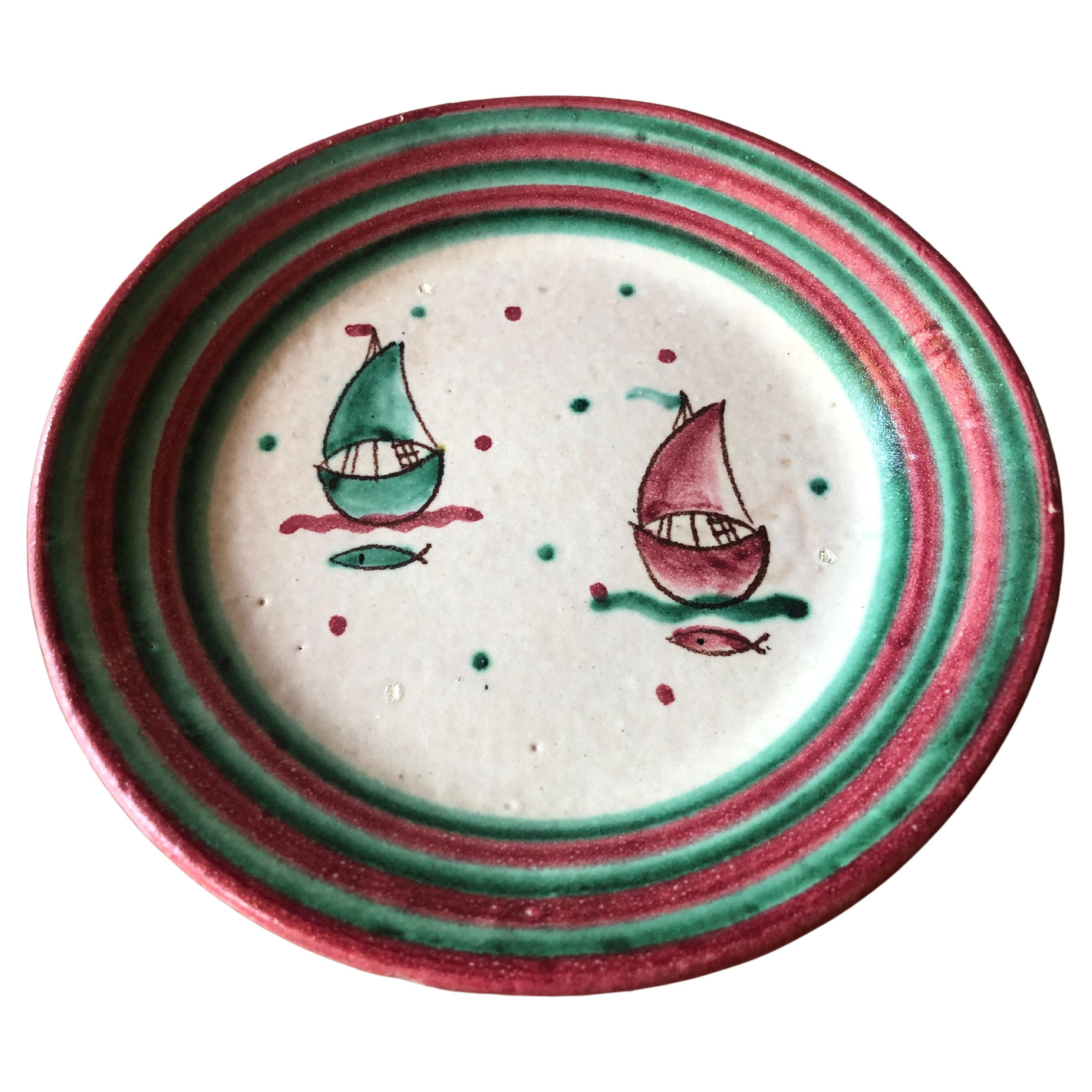 Italian Mid Century Hand Painted Sailboat Scene Stoneware Centrepiece Plate For Sale