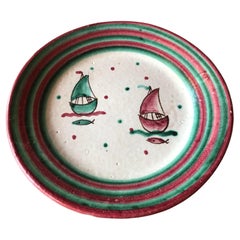 Italian Mid Century Hand Painted Sailboat Scene Stoneware Centrepiece Plate