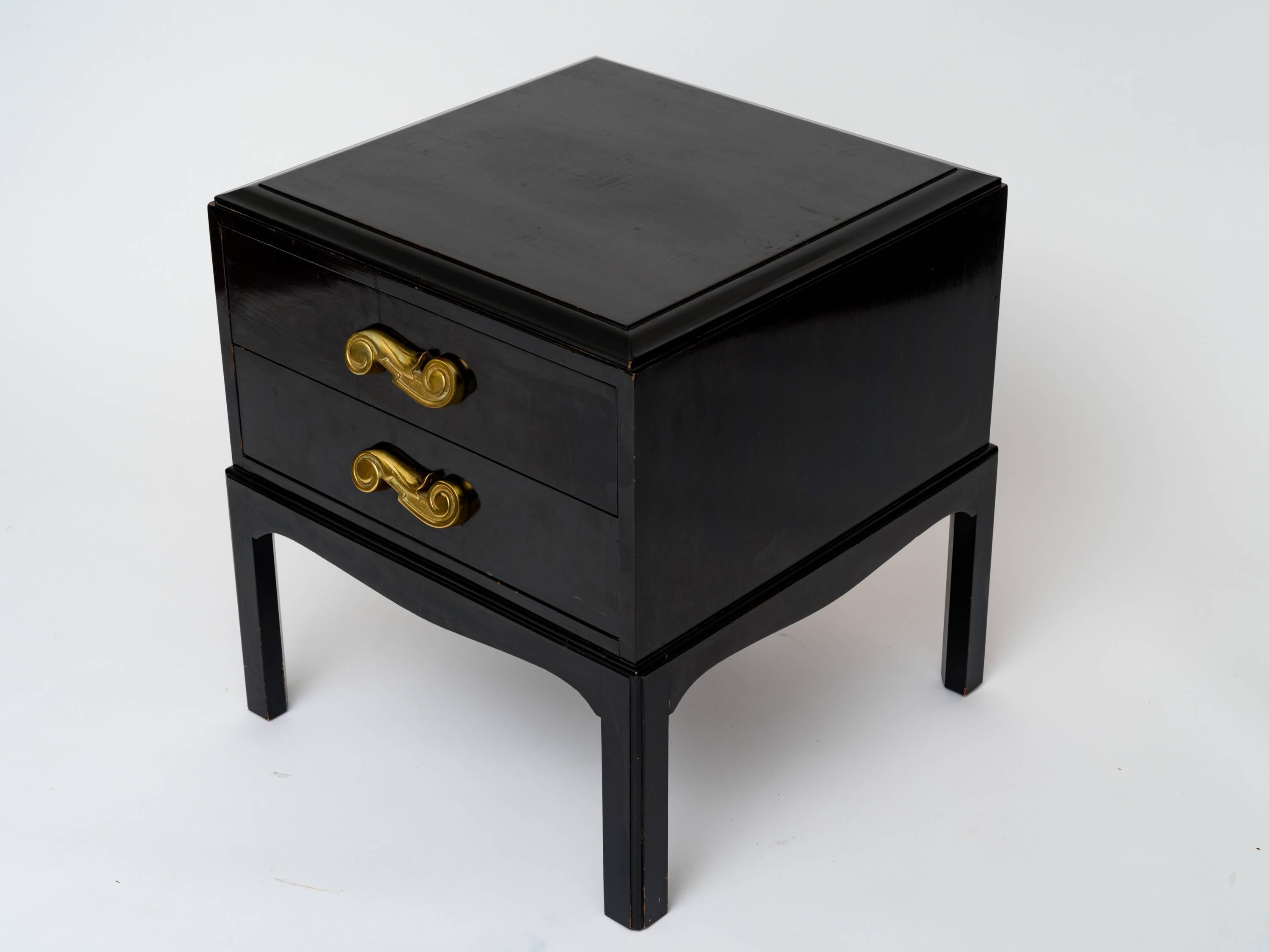 Ebonized Hollywood Regency End Tables with Bronze Scroll Pulls
