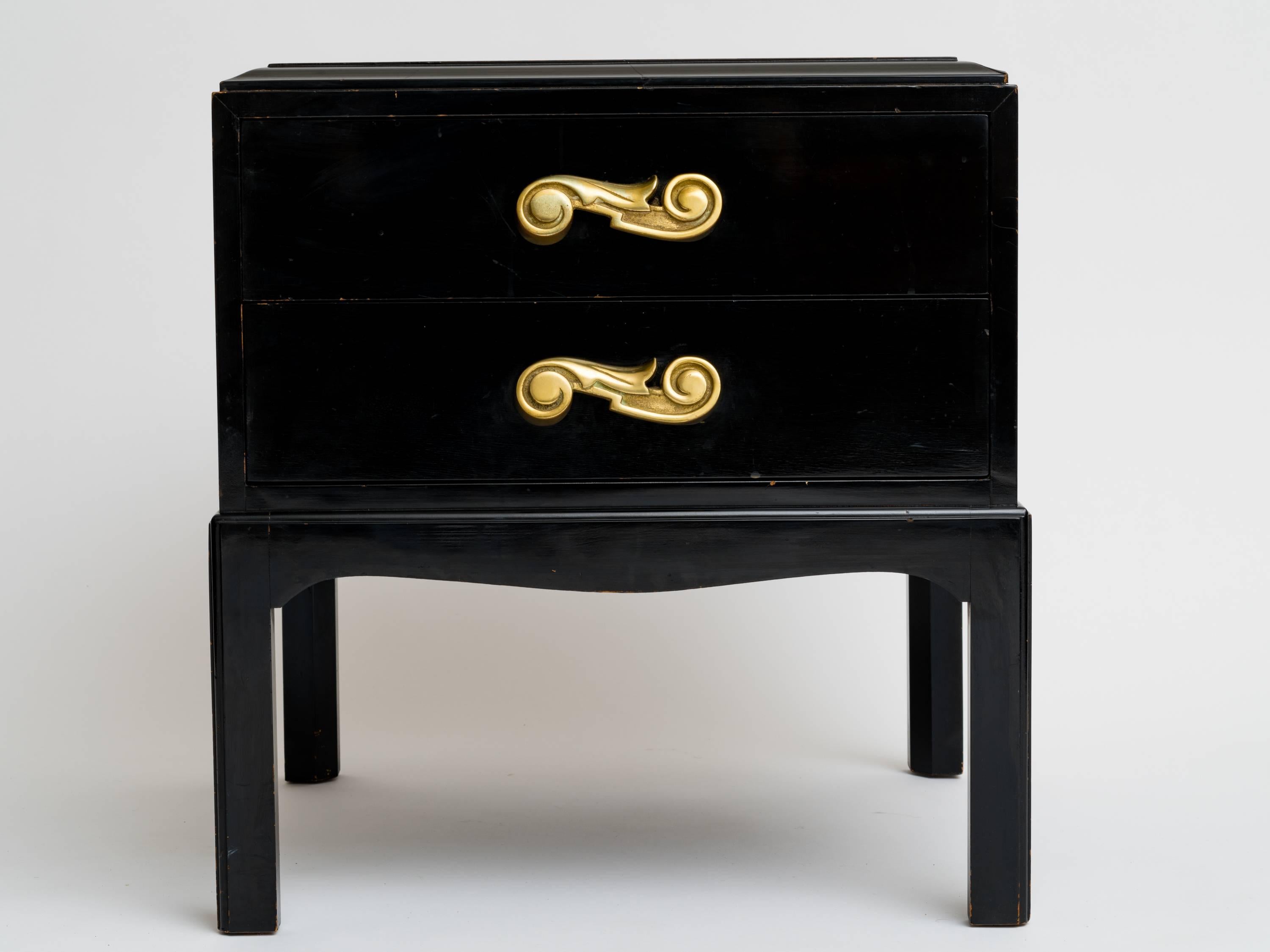 20th Century Hollywood Regency End Tables with Bronze Scroll Pulls