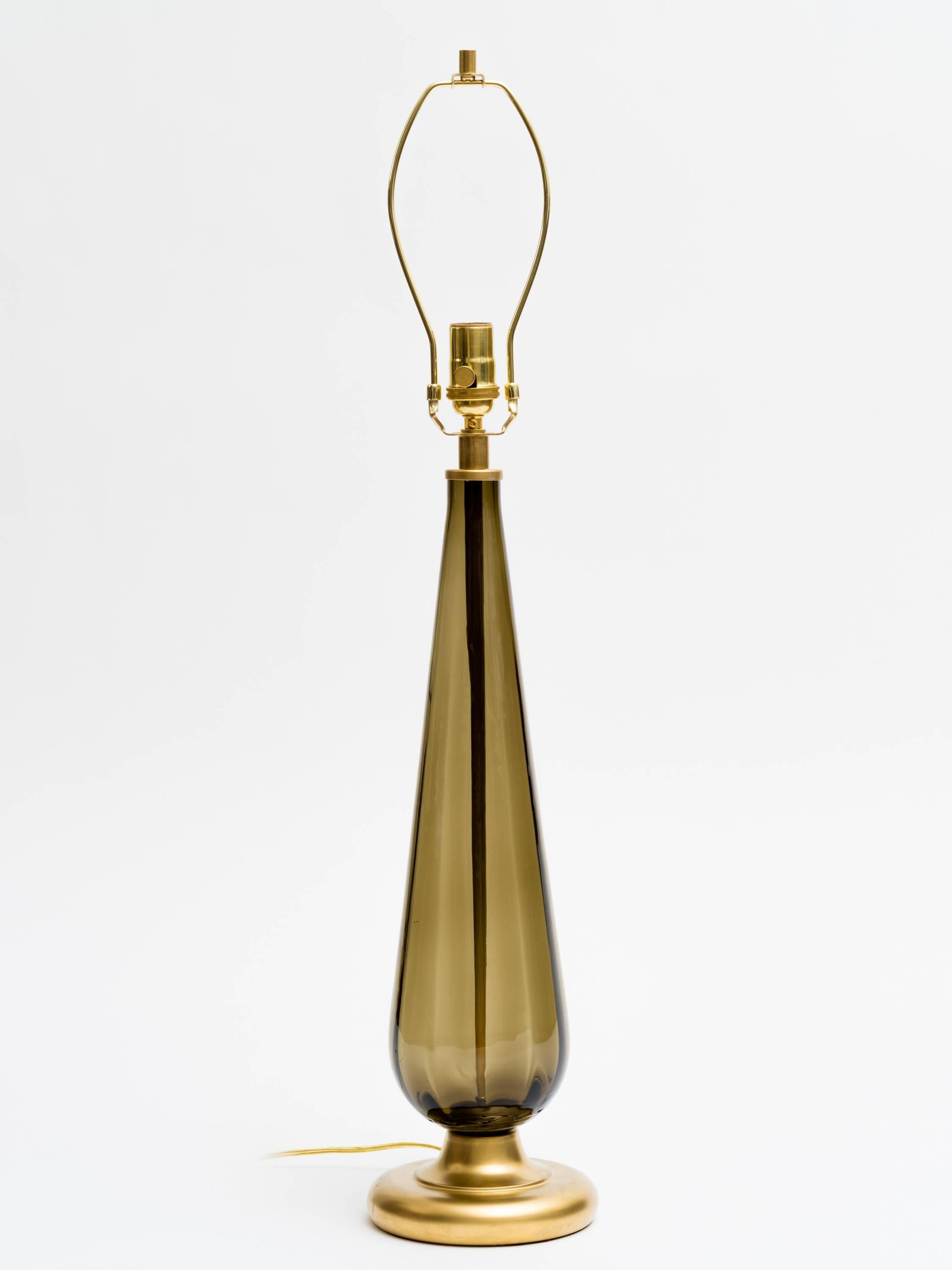 Art Glass Italian 1970s Smoke Glass and Brass Lamps