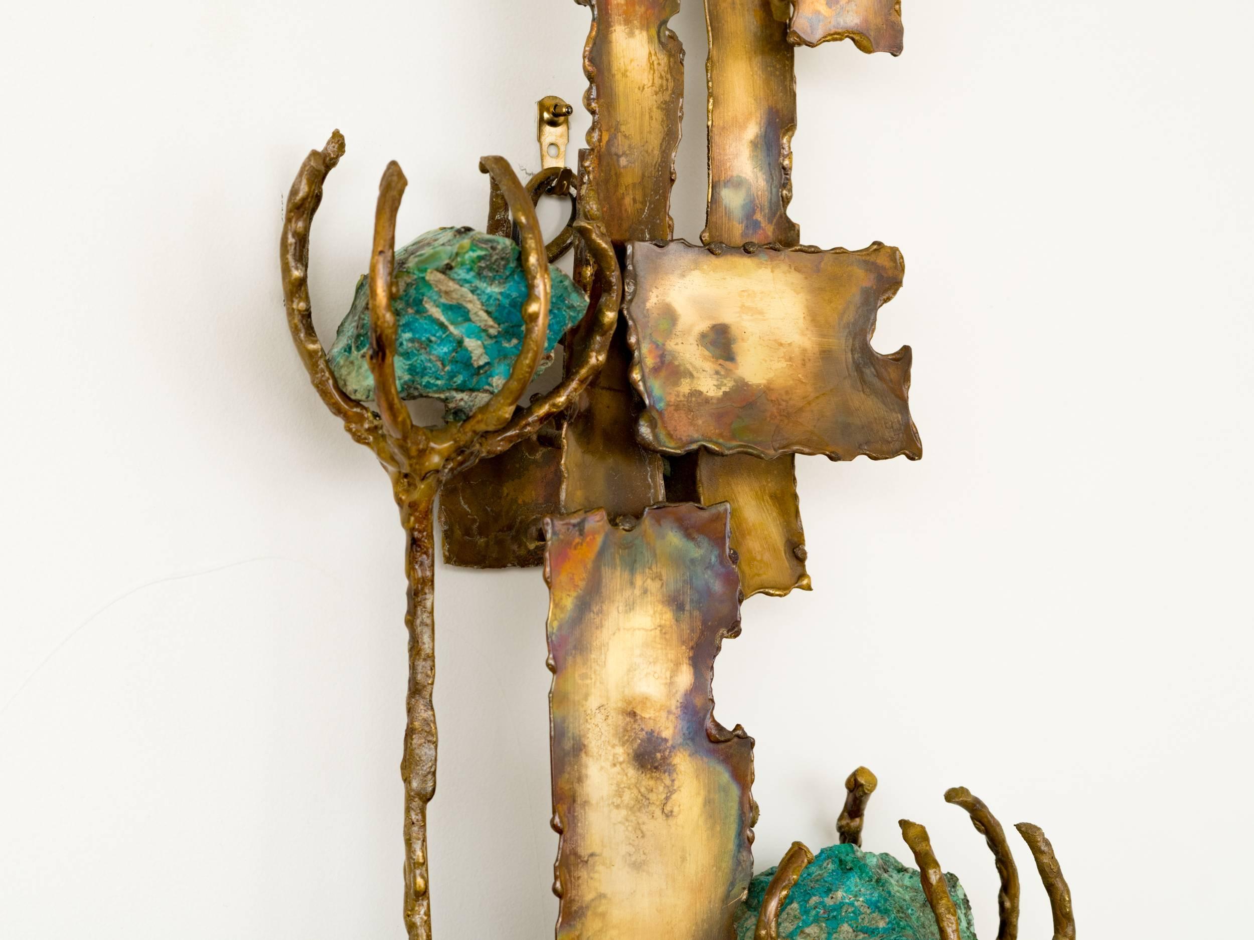 Mid-Century Modern Brutalist Brass and Turquoise Stone Flower Wall Sculpture