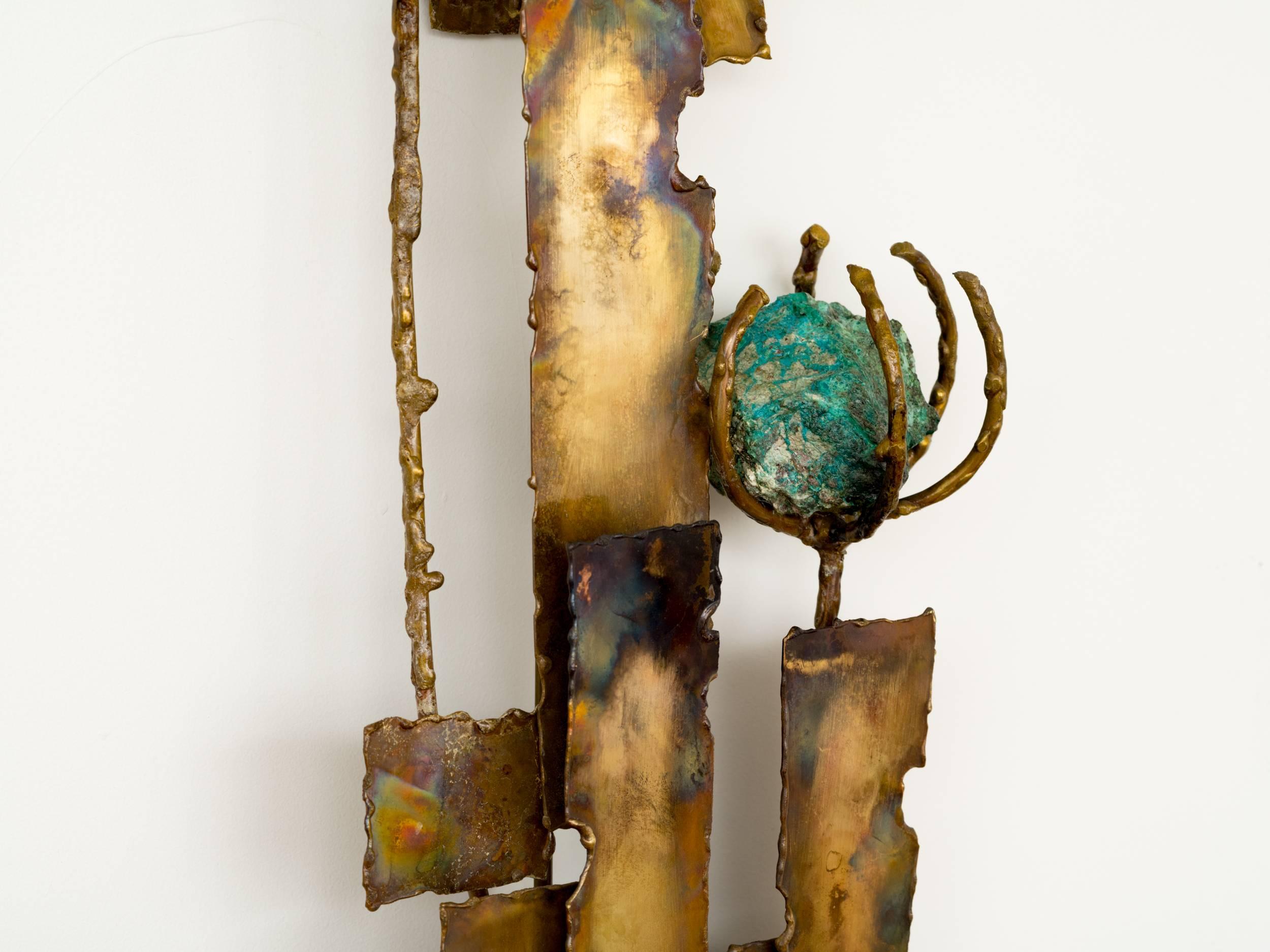 American Brutalist Brass and Turquoise Stone Flower Wall Sculpture