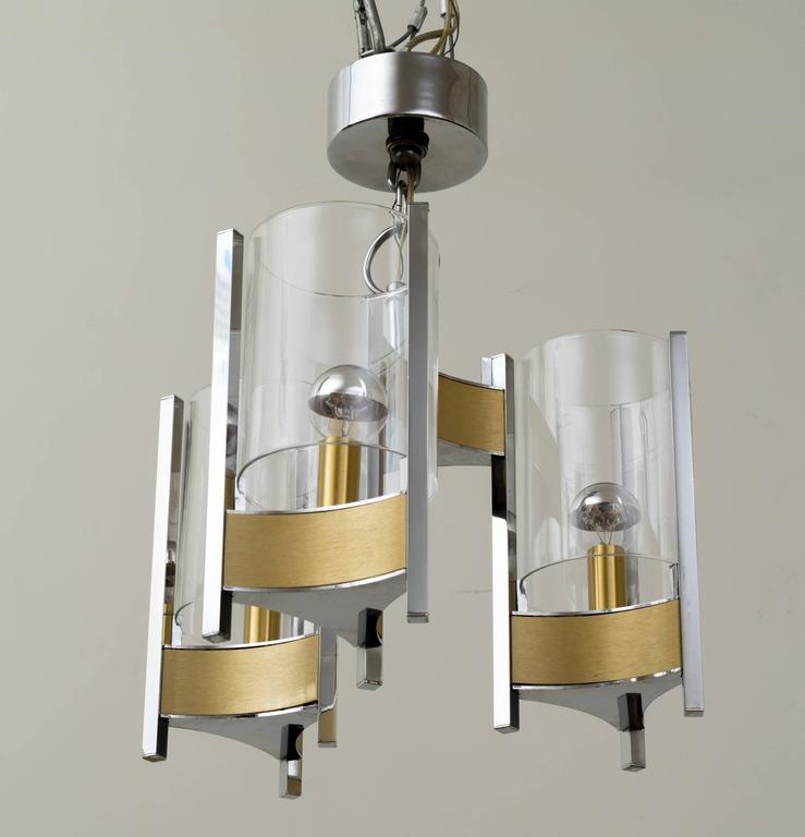 Sciolari Brushed Brass and Chrome Hurricane Glass Chandelier For Sale