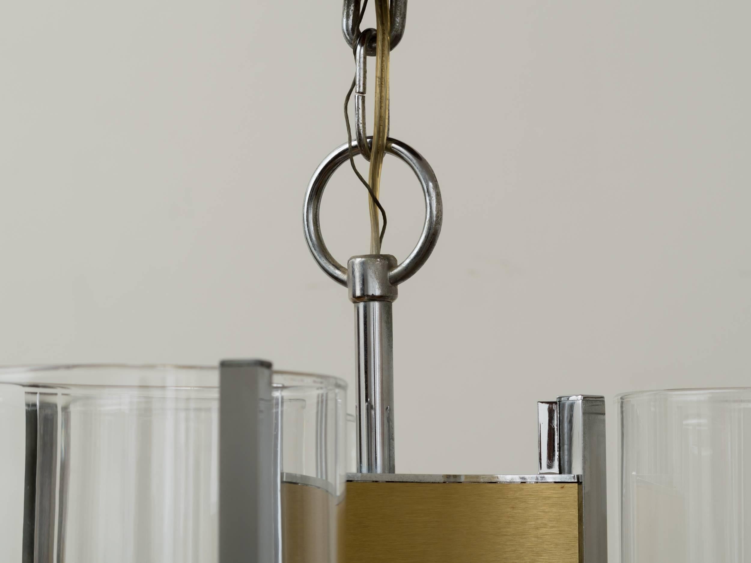 Mid-Century Modern Sciolari Brushed Brass and Chrome Hurricane Glass Chandelier