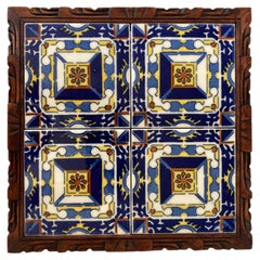 1950's Mexican Tile Trivet With Hand Carved Wood Frame Base