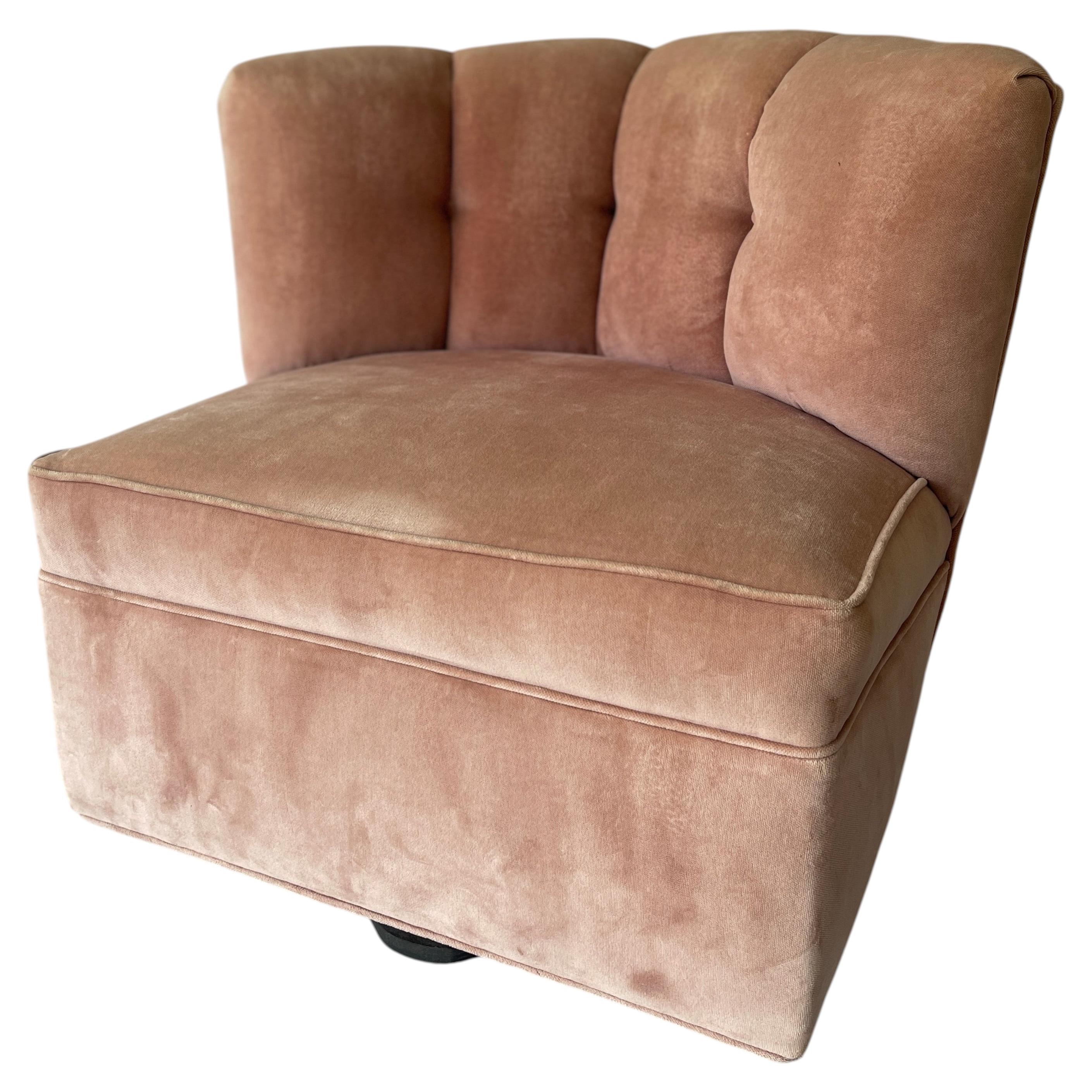 Art Deco Swivel Club Chair Blush Pink Velvet Curved Back, USA, 1950s For Sale