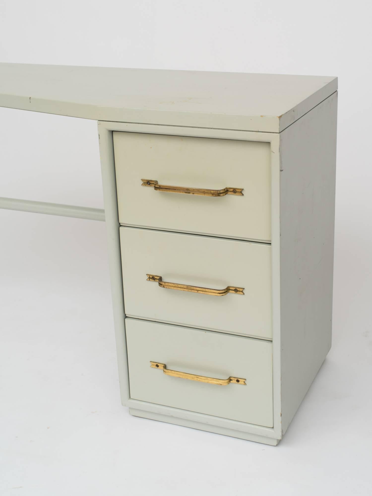 Tommi Parzinger Style Celadon Lacquered Desk with Signature Brass Ribbon Handles For Sale 1