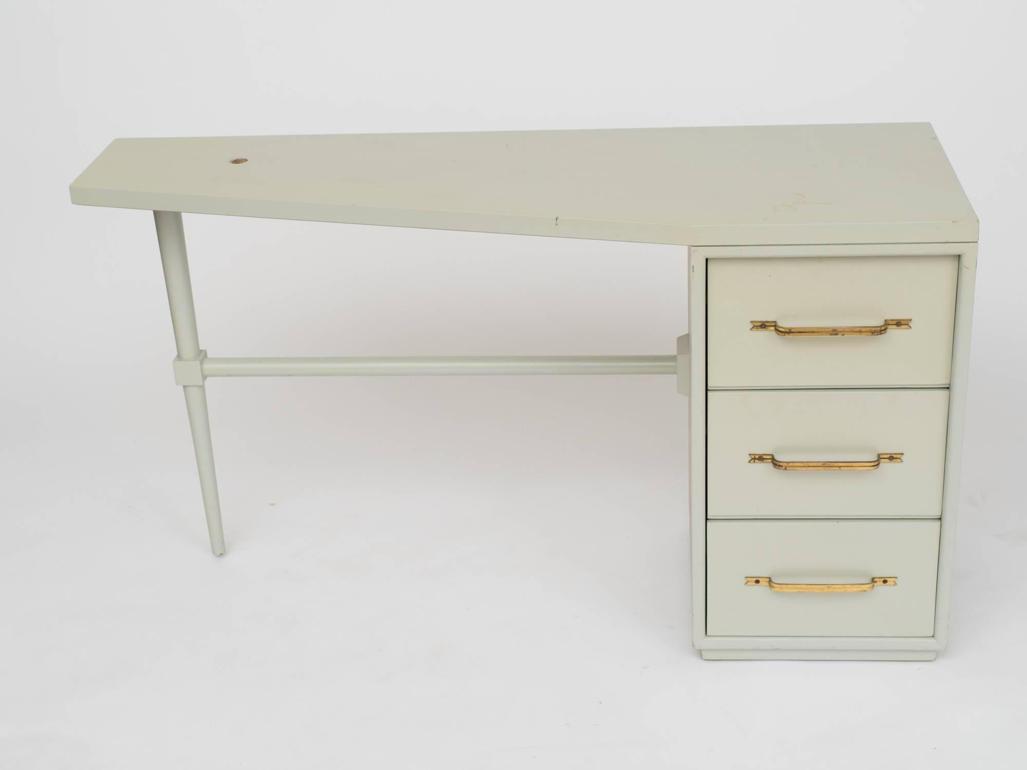 Tommi Parzinger Style Celadon Lacquered Desk with Signature Brass Ribbon Handles For Sale 2