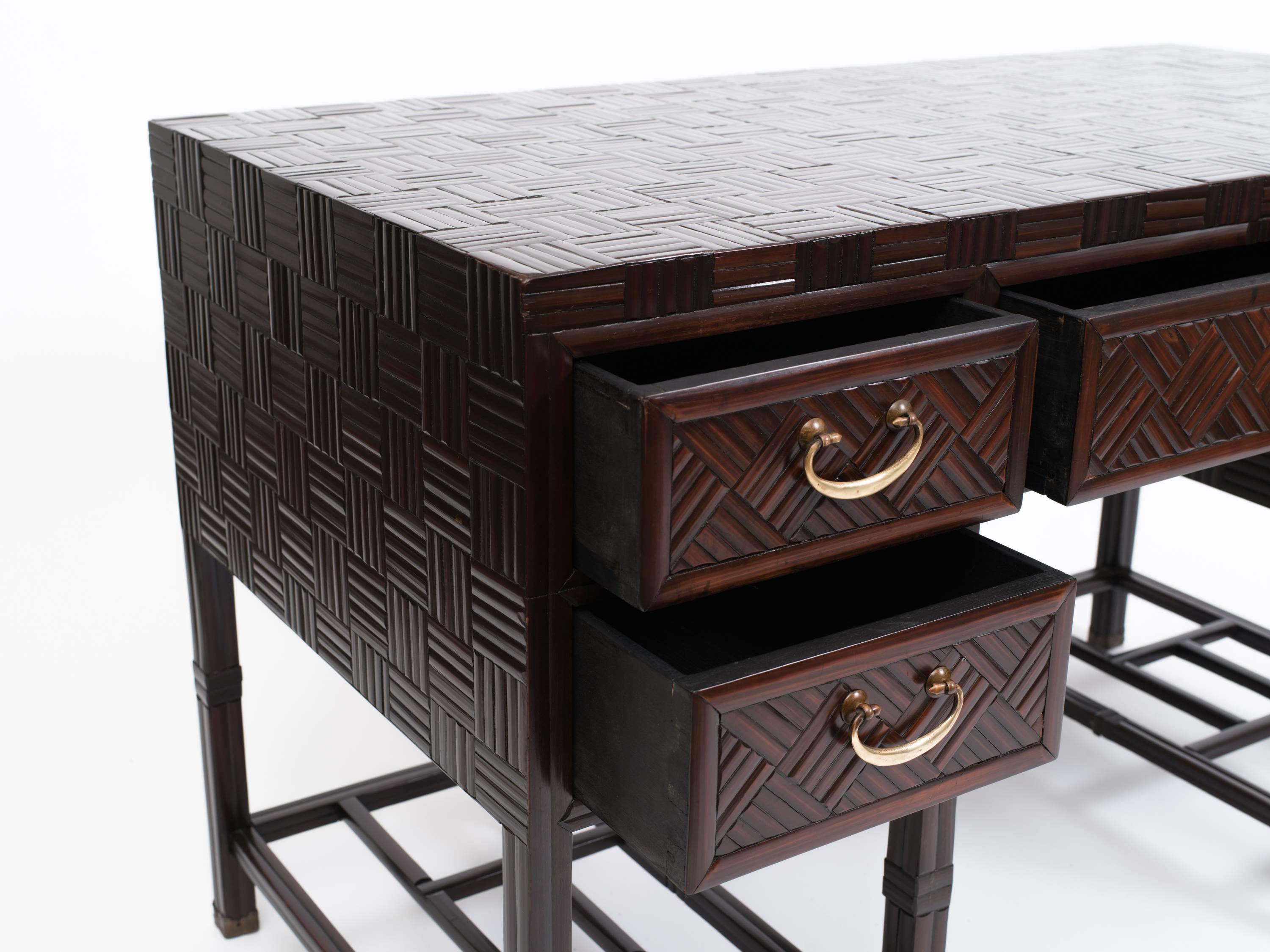 Mid-Century Modern 1960's Anglo Chinese Bamboo Parquet Hardwood Campaign Desk For Sale