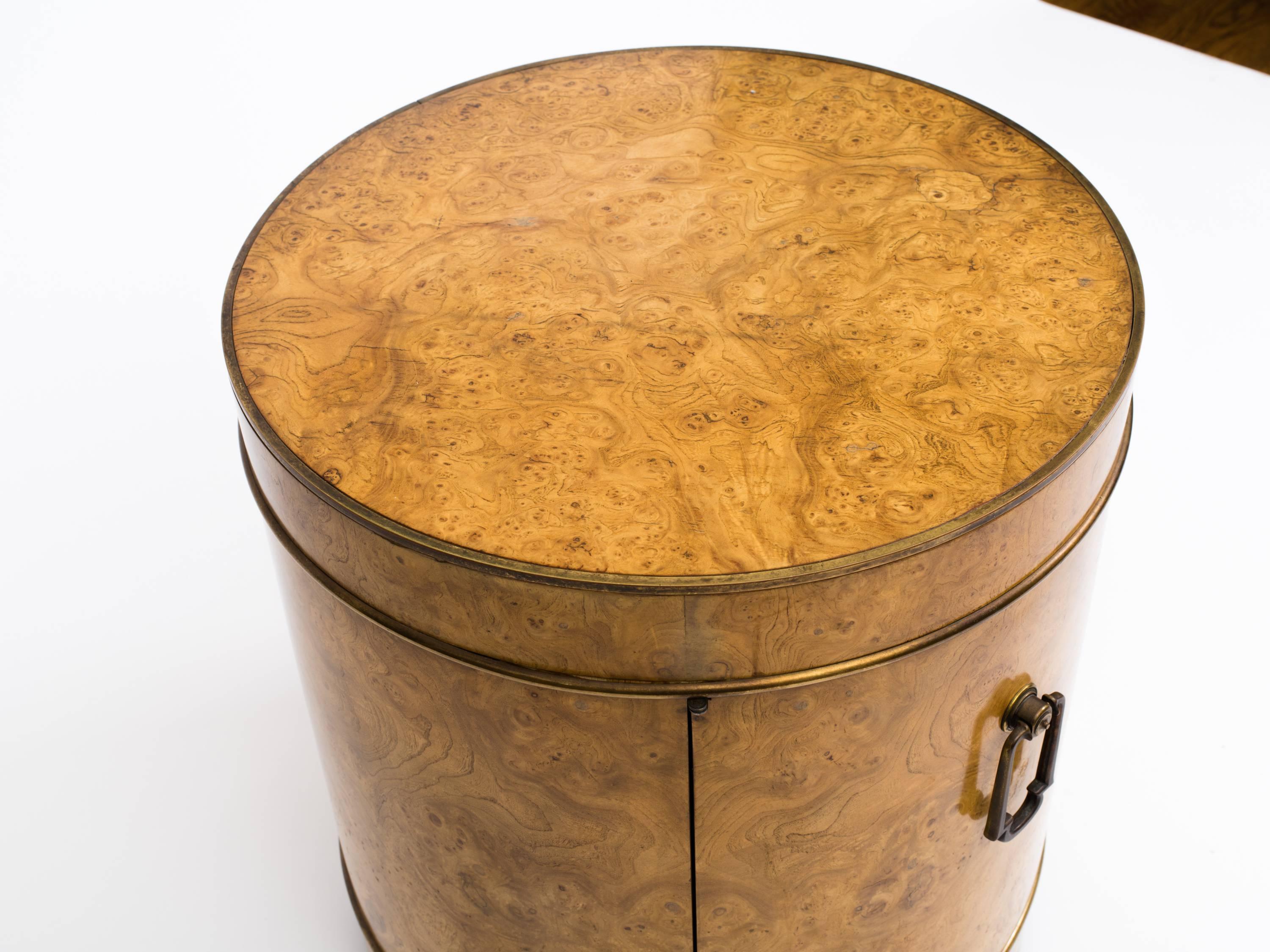 Mastercraft Burl Wood Drum Bar Cabinet End Table In Good Condition In New York, NY