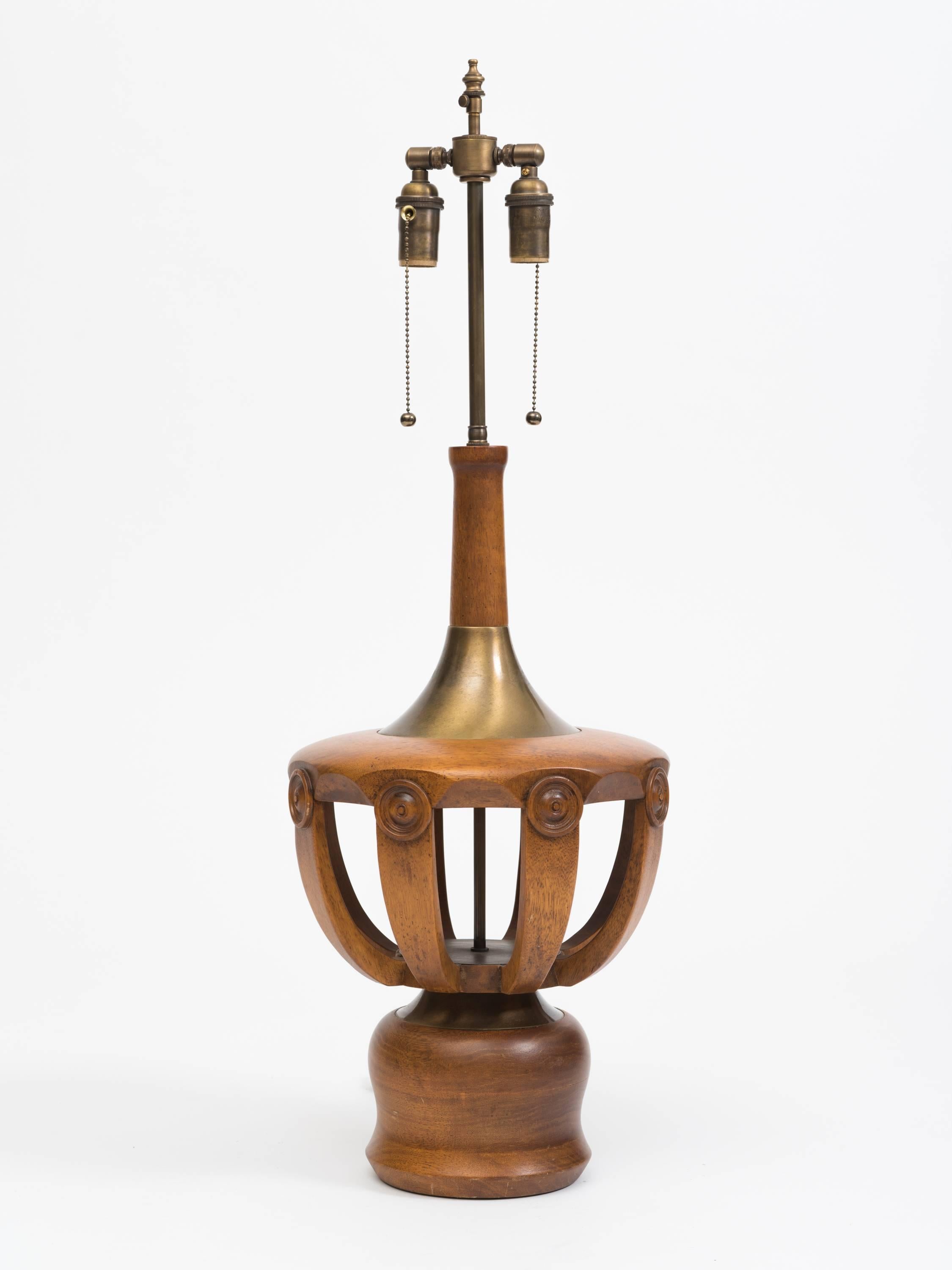 American Monumental 1970s Teak and Brass Sculptural Modeline Lamp For Sale