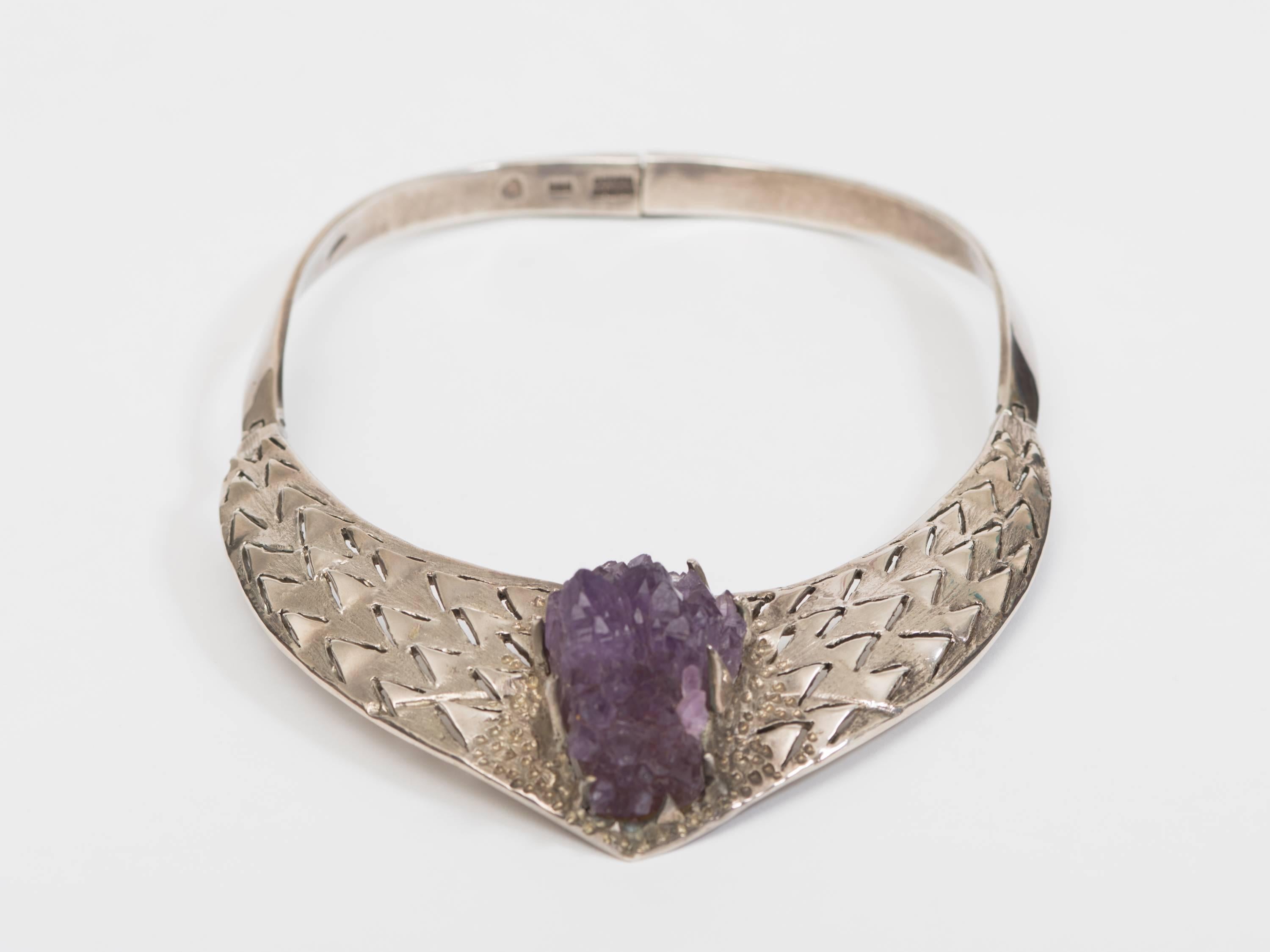 Rare 1970's Brutalist silver and amethyst necklace with hinged clasp. Handcrafted by Josefina Zagal, Taxco, Mexico