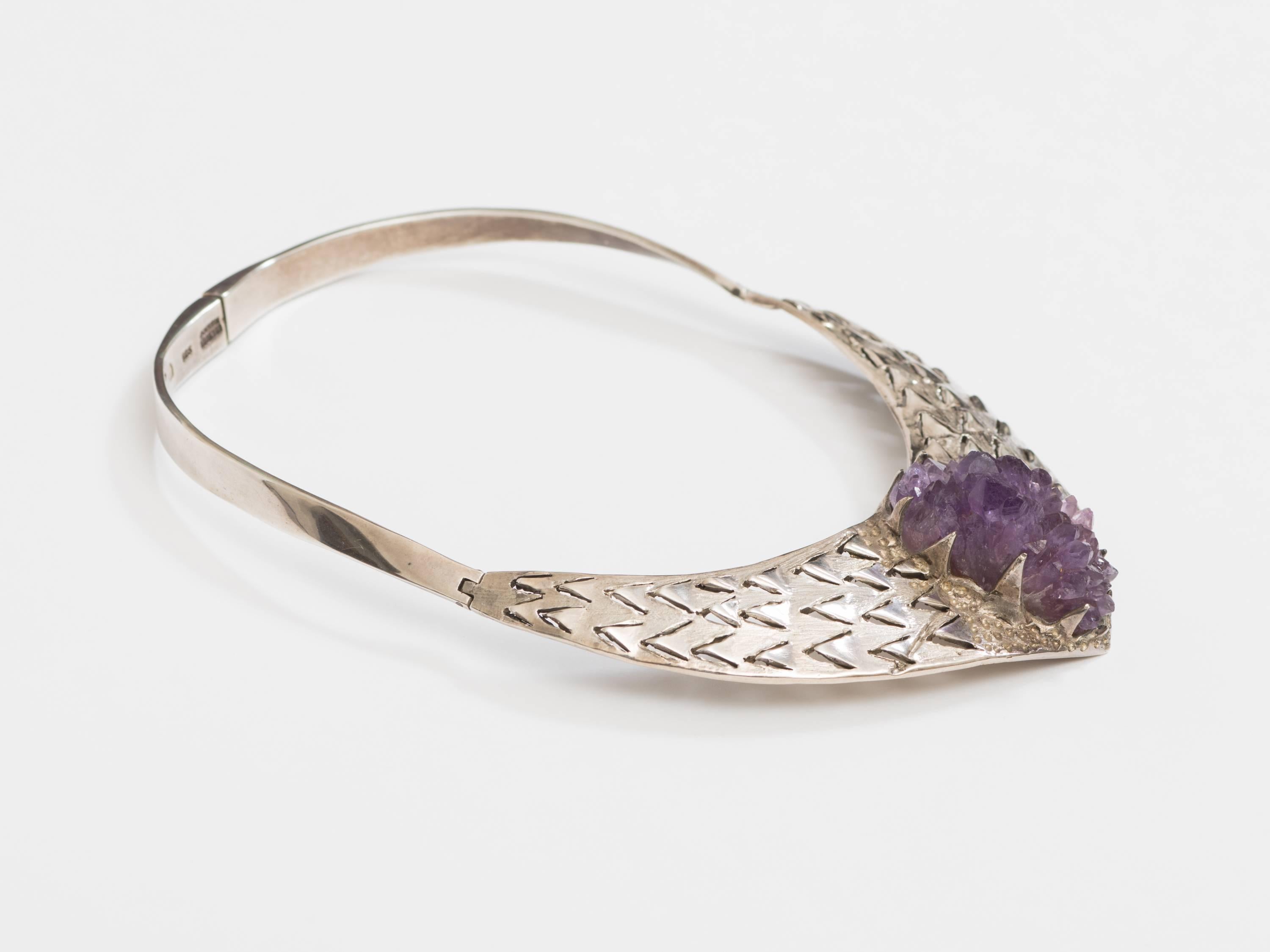 Hand-Crafted Brutalist 1970s Mexican Silver and Amethyst Necklace by Josefina Zagal
