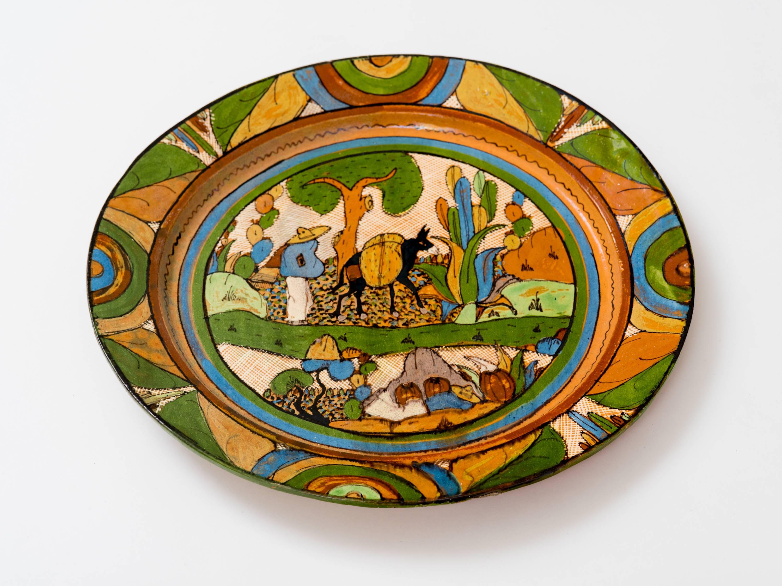 Folk Art Tlaquepaque 1930s Mexican Hand-Painted Ceramic Charger Tray