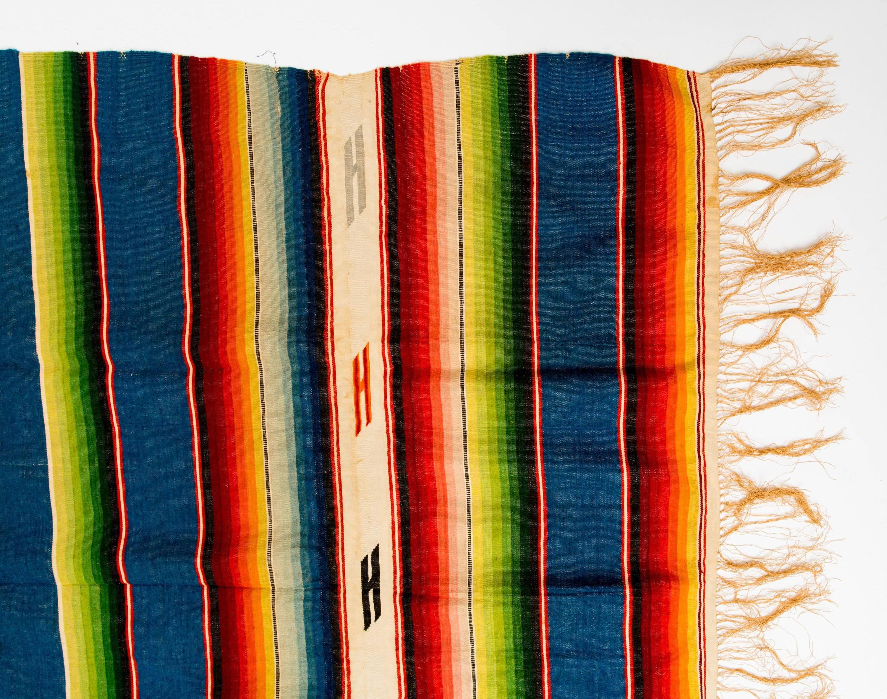 Hand-Woven 1940s Saltiilo Mexican Turquoise Wool Serape Blanket