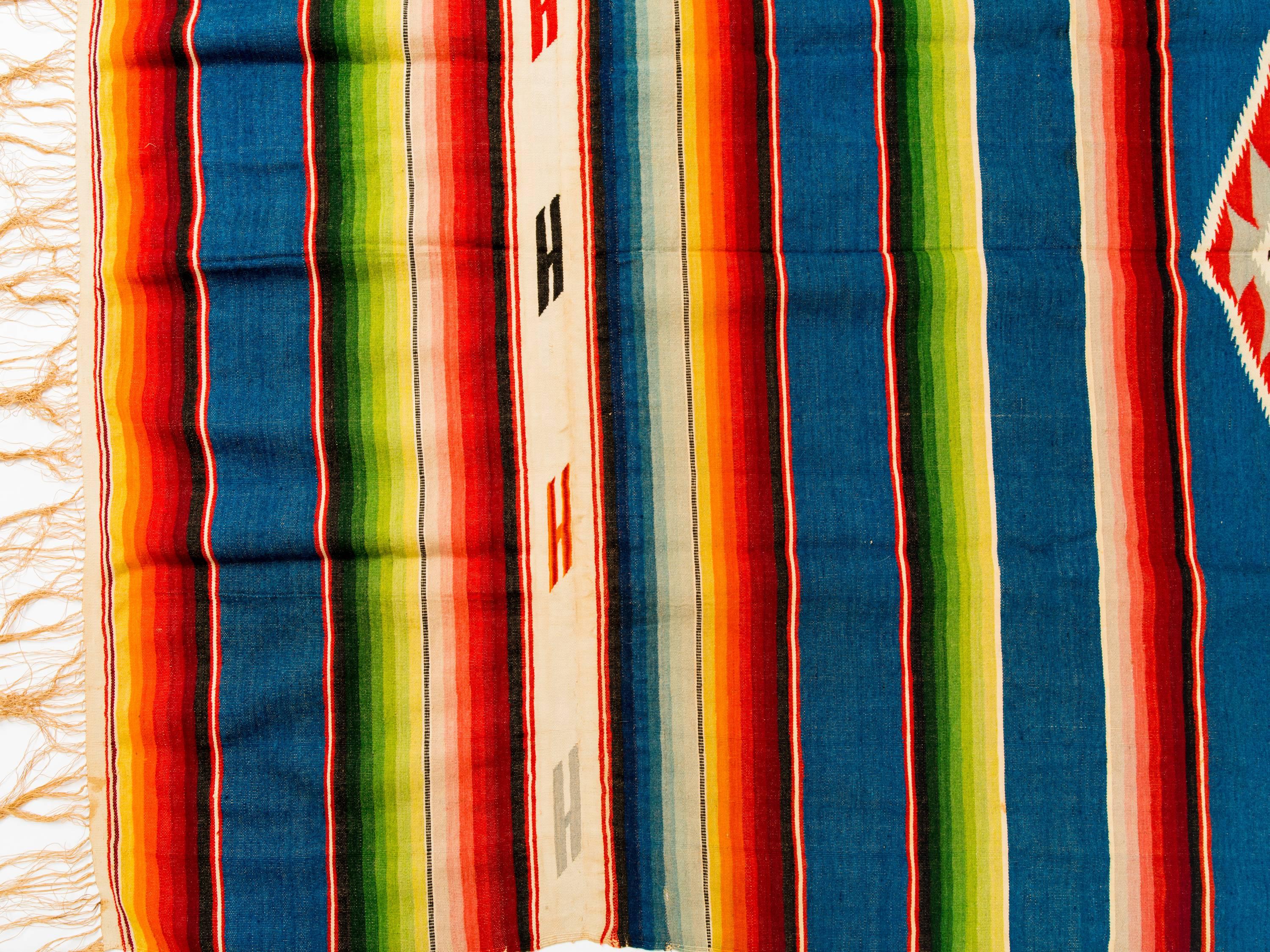 Folk Art 1940s Saltiilo Mexican Turquoise Wool Serape Blanket