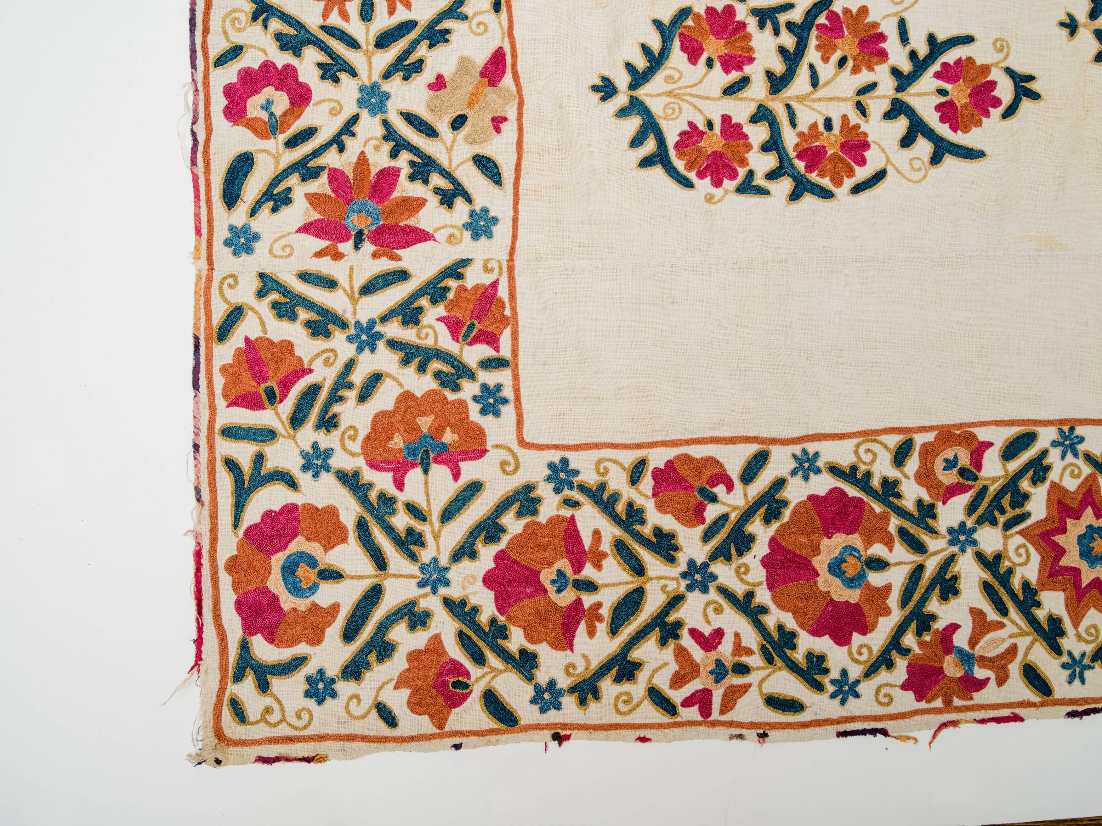 19th Century Uzbek Silk Embroidered Suzani Tapestry In Fair Condition For Sale In New York, NY