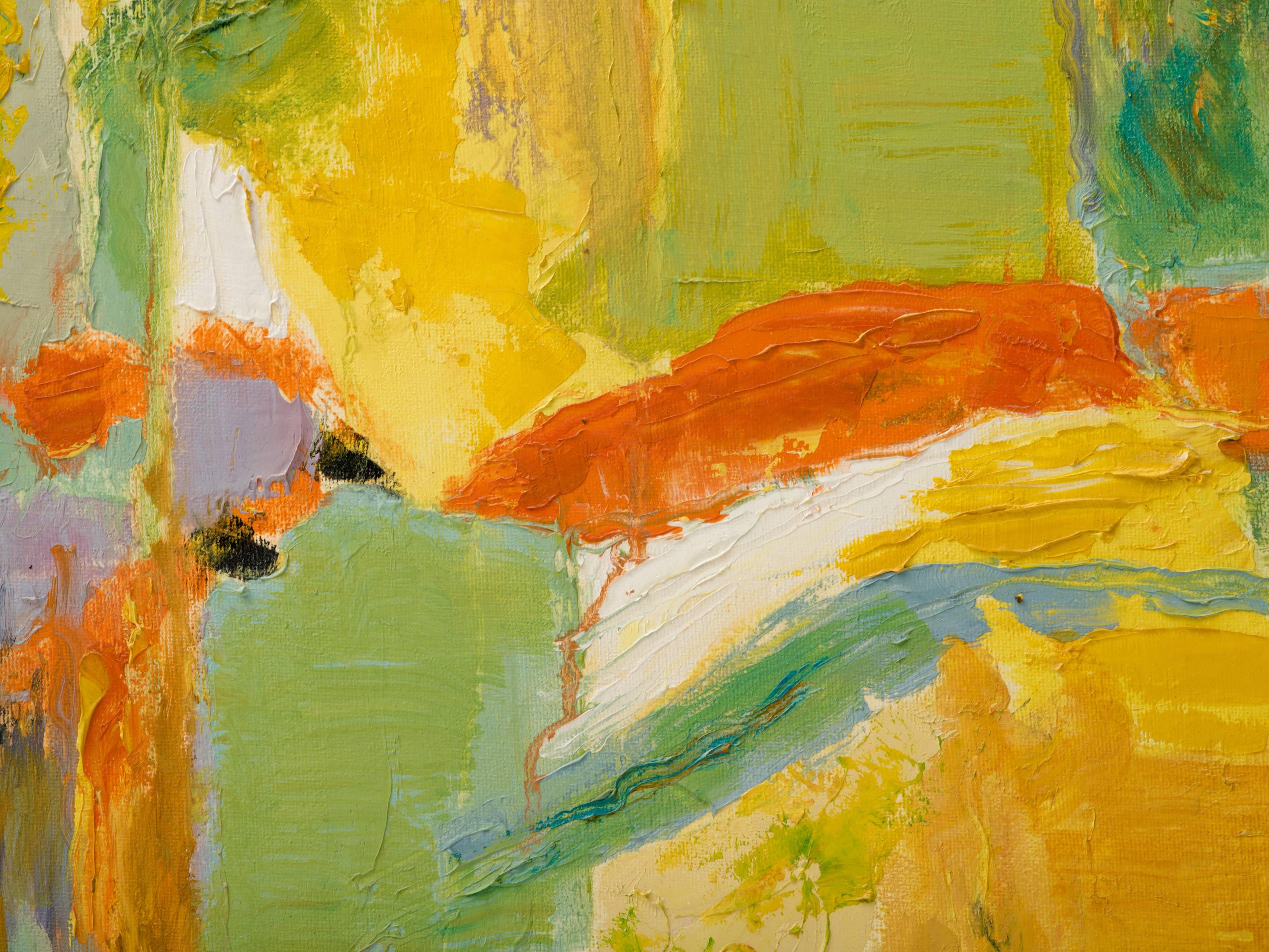 Beautiful abstract modern painting with green, yellow and orange hues. Hamptons estate find. Unsigned.