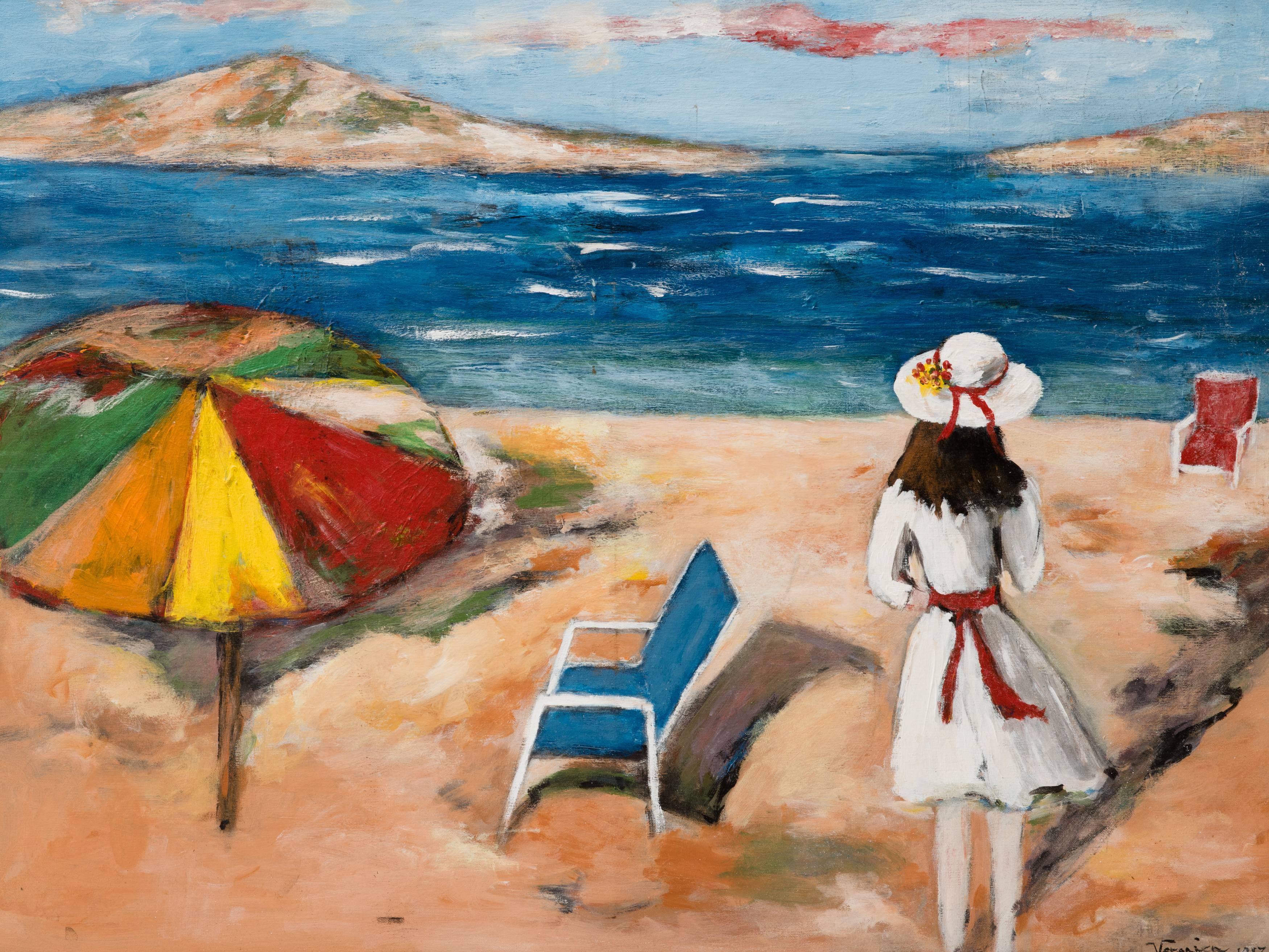 Surrealist Mediterranean beach scene painting of girl facing sea, two empty modernist beach chairs, and graphic umbrella. Signed, Veronica, 1983.
