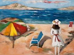 Surrealist Mediterranean Beach Scene Painting, circa 1983
