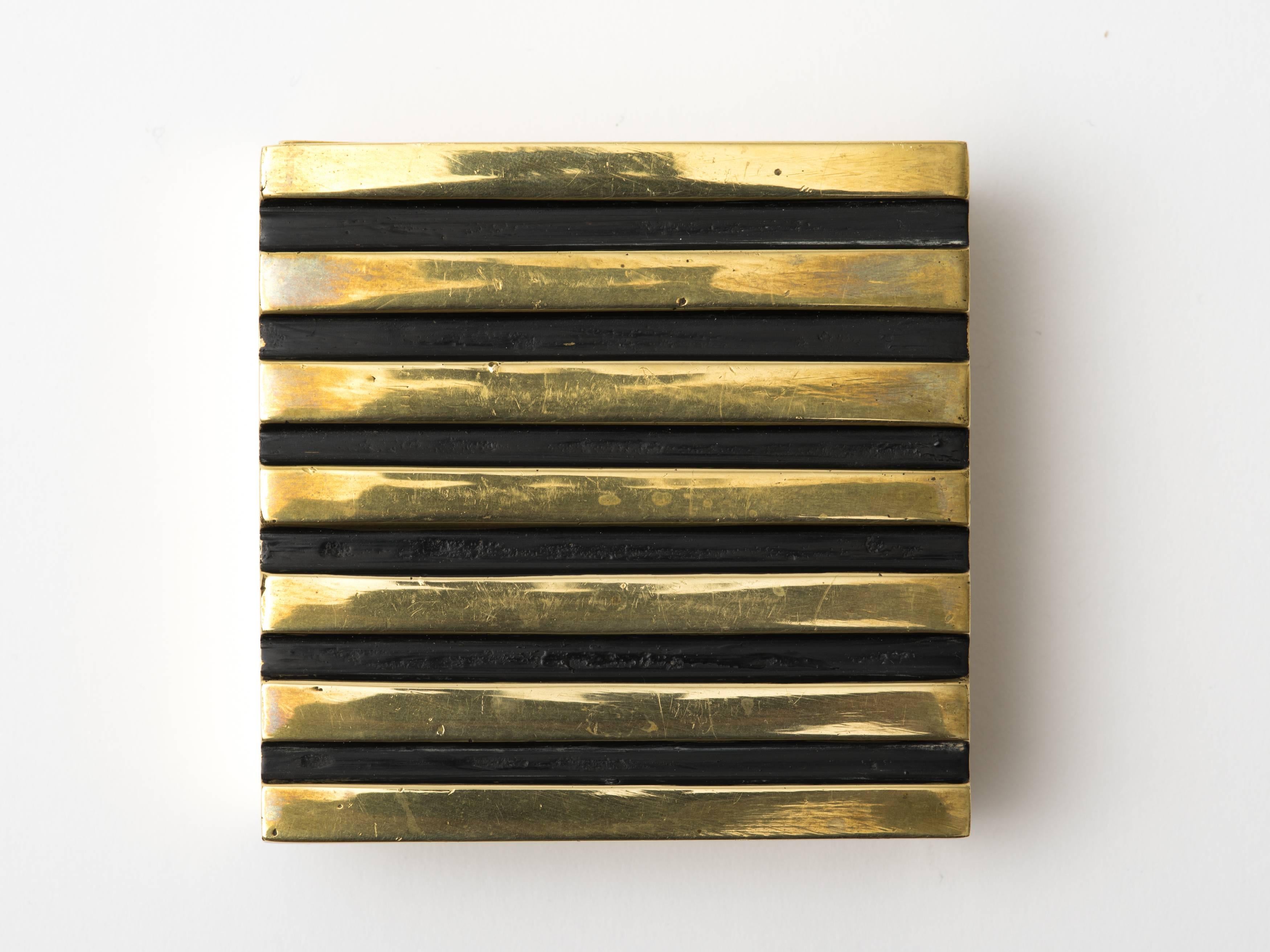 Walter Bosse for Herta Baller polished cast brass square box with patinated stripe lid, Austria, circa 1950's.