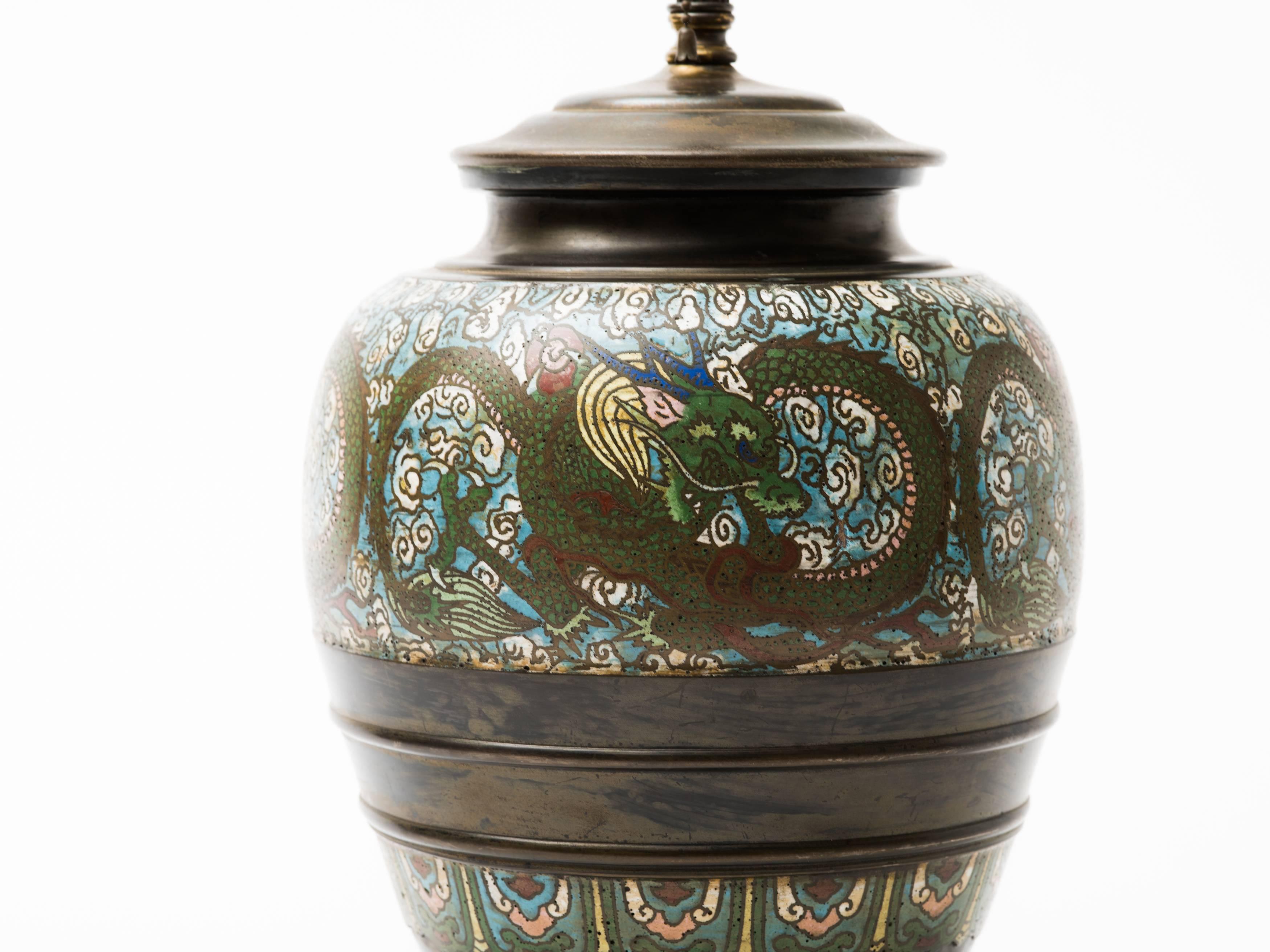 Chinoiserie Bronze Champlevé Dragon Cloisonné Lamp For Sale