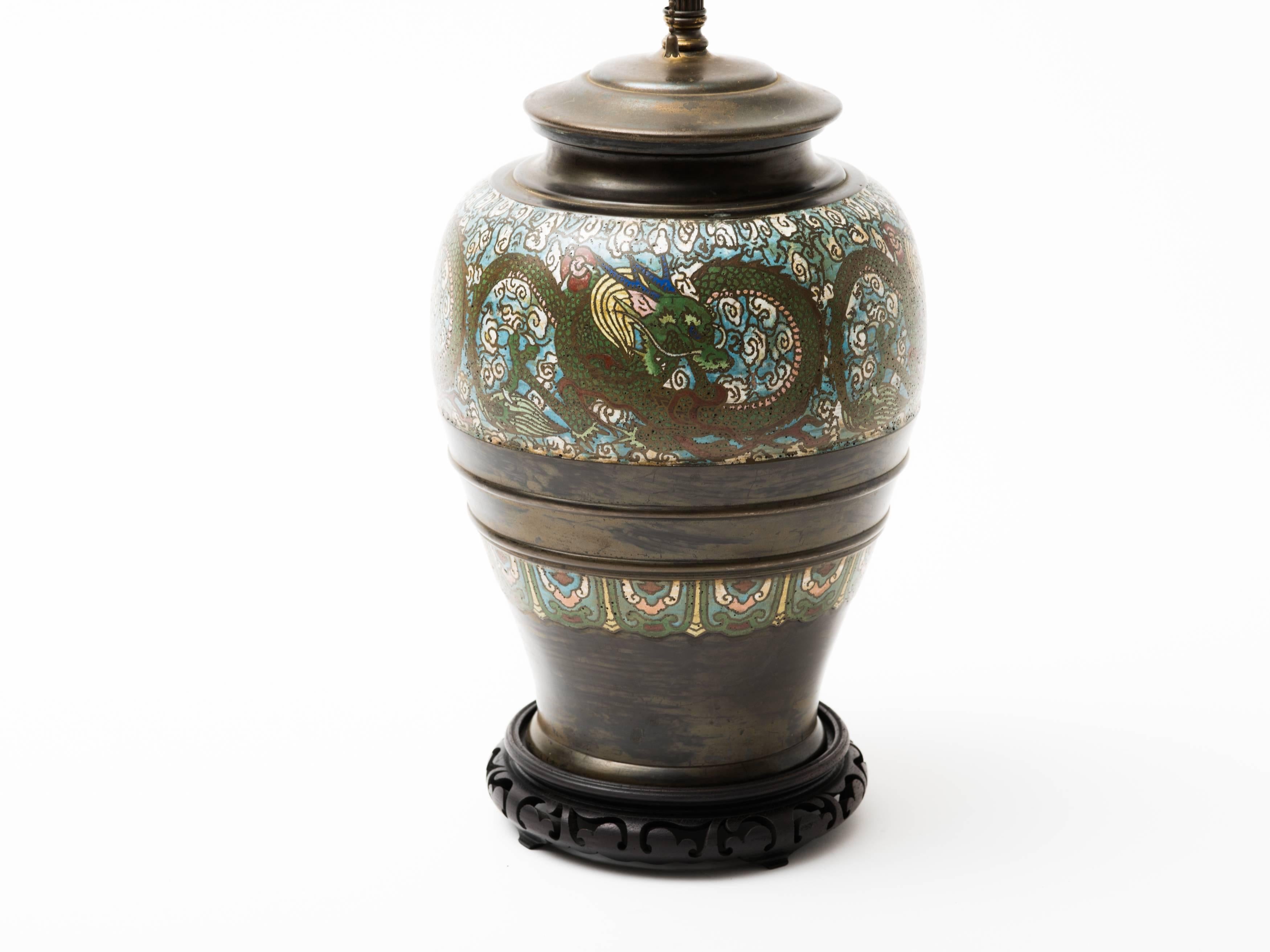 Bronze Champlevé Dragon Cloisonné Lamp In Good Condition For Sale In New York, NY