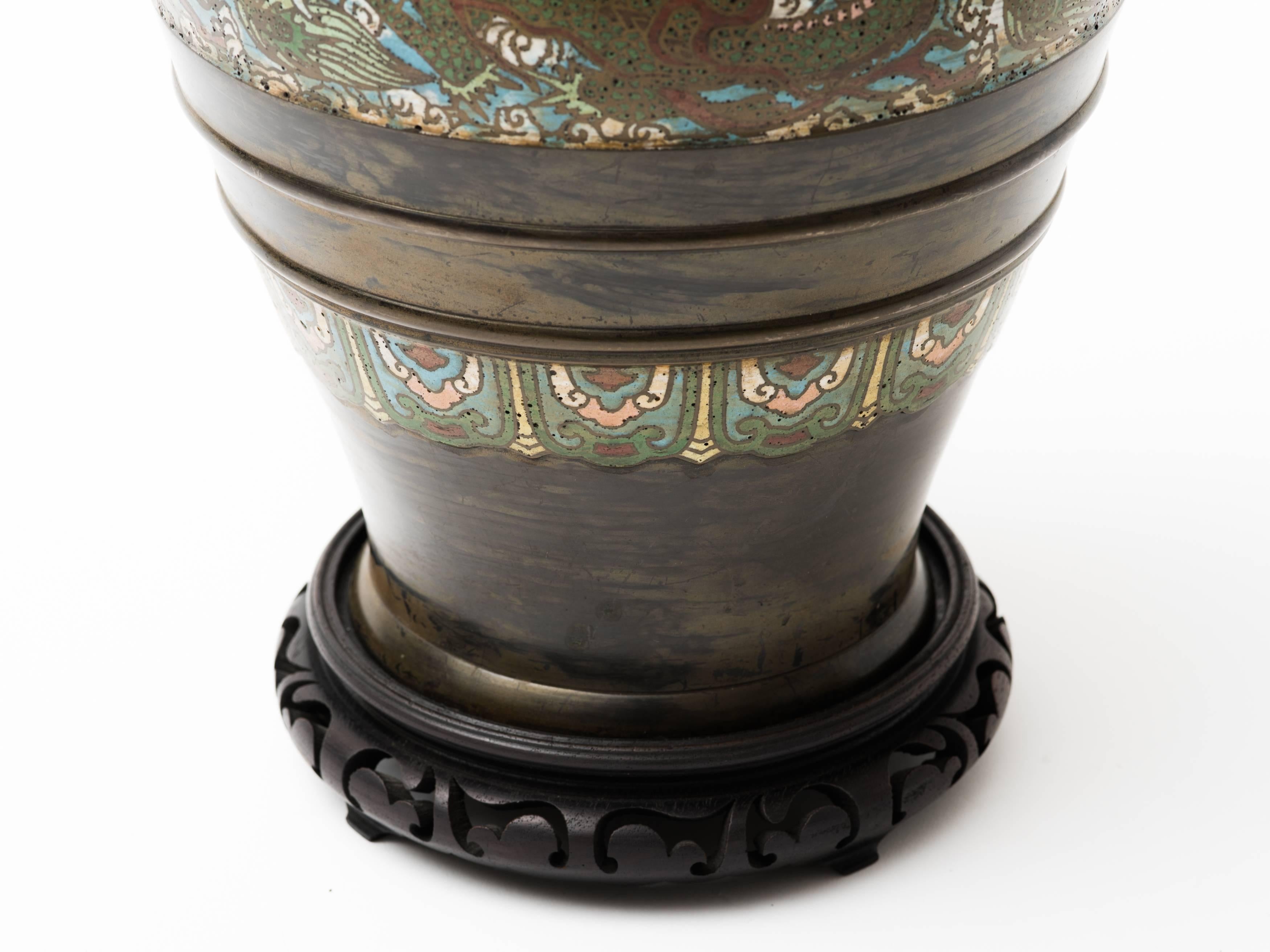 Chinese Bronze Champlevé Dragon Cloisonné Lamp For Sale