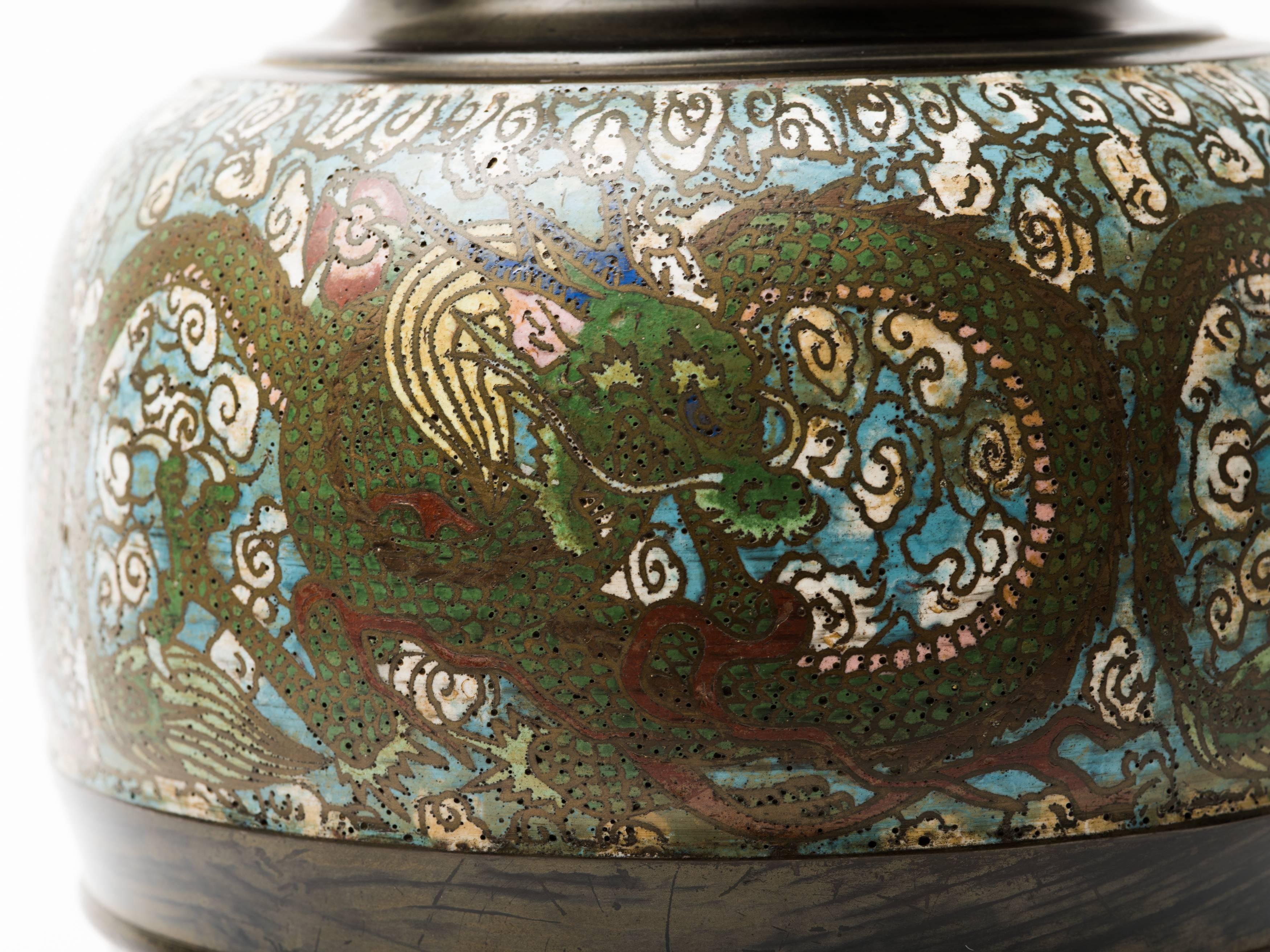 Lámpara de Cloisonné Dragón Champlevé de Bronce Asiático Chinoiserie en venta