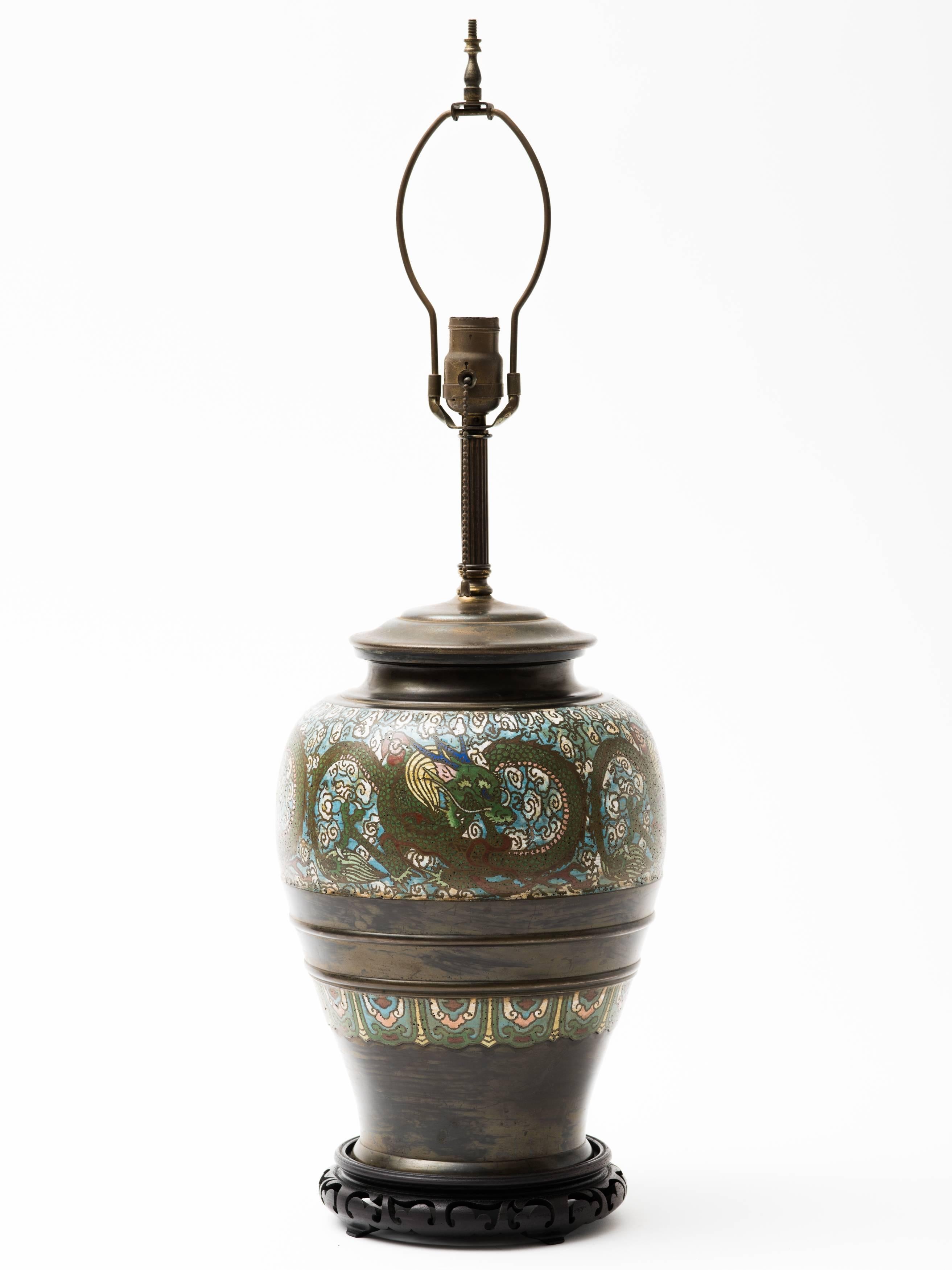 20th Century Bronze Champlevé Dragon Cloisonné Lamp For Sale