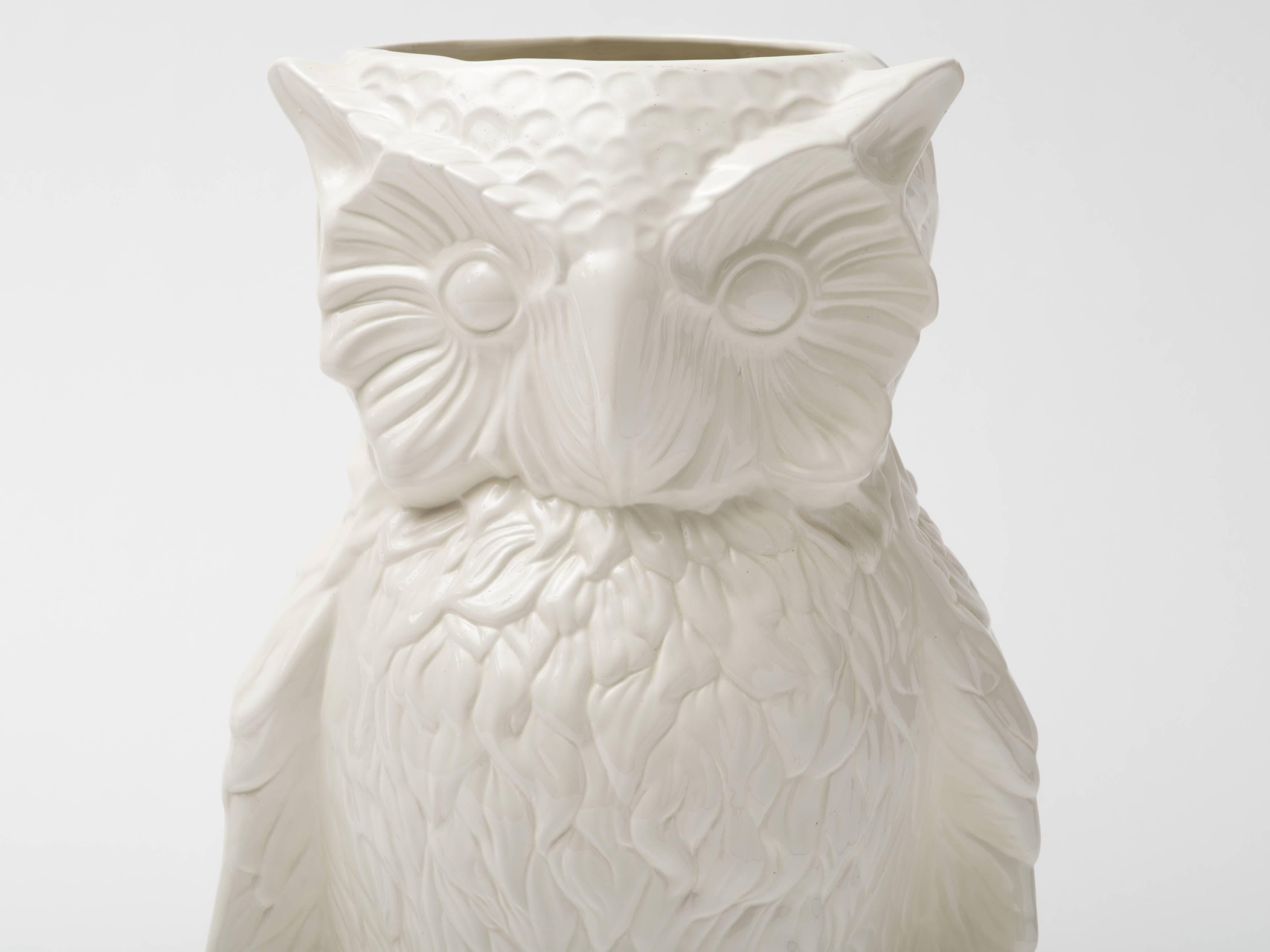 Large blanc de chine ceramic owl umbrella stand or floor vase sculpture,
Italy, circa 1960s.