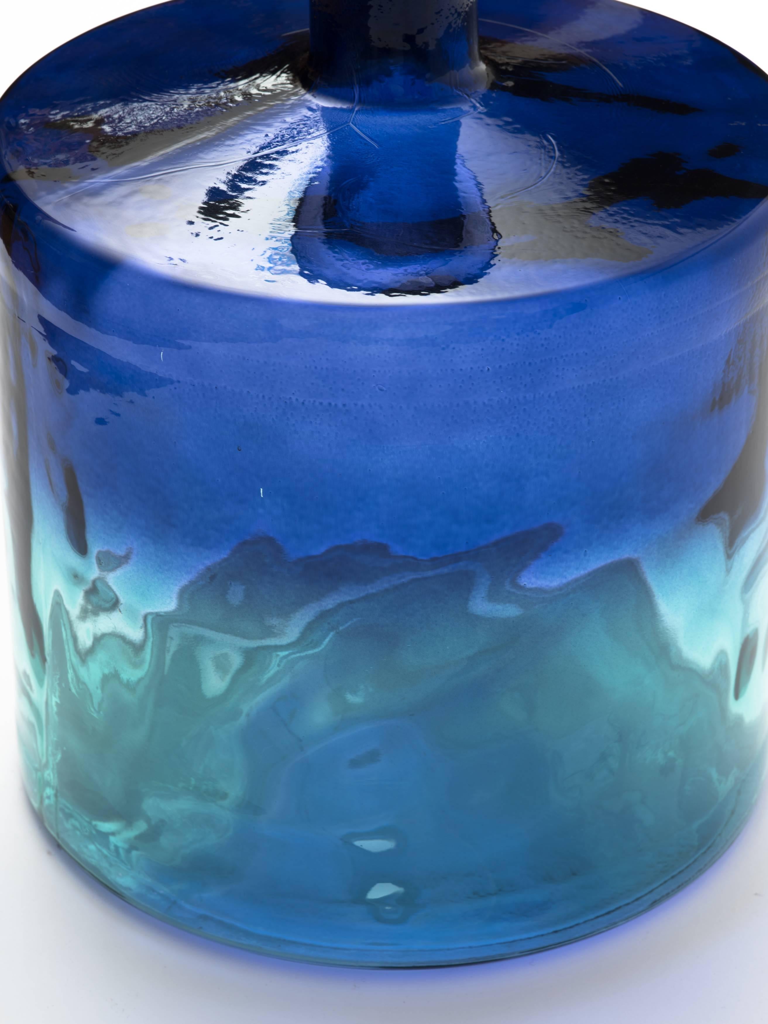Mid-Century Modern Monumental Indigo and Aquamarine Glass Bottle