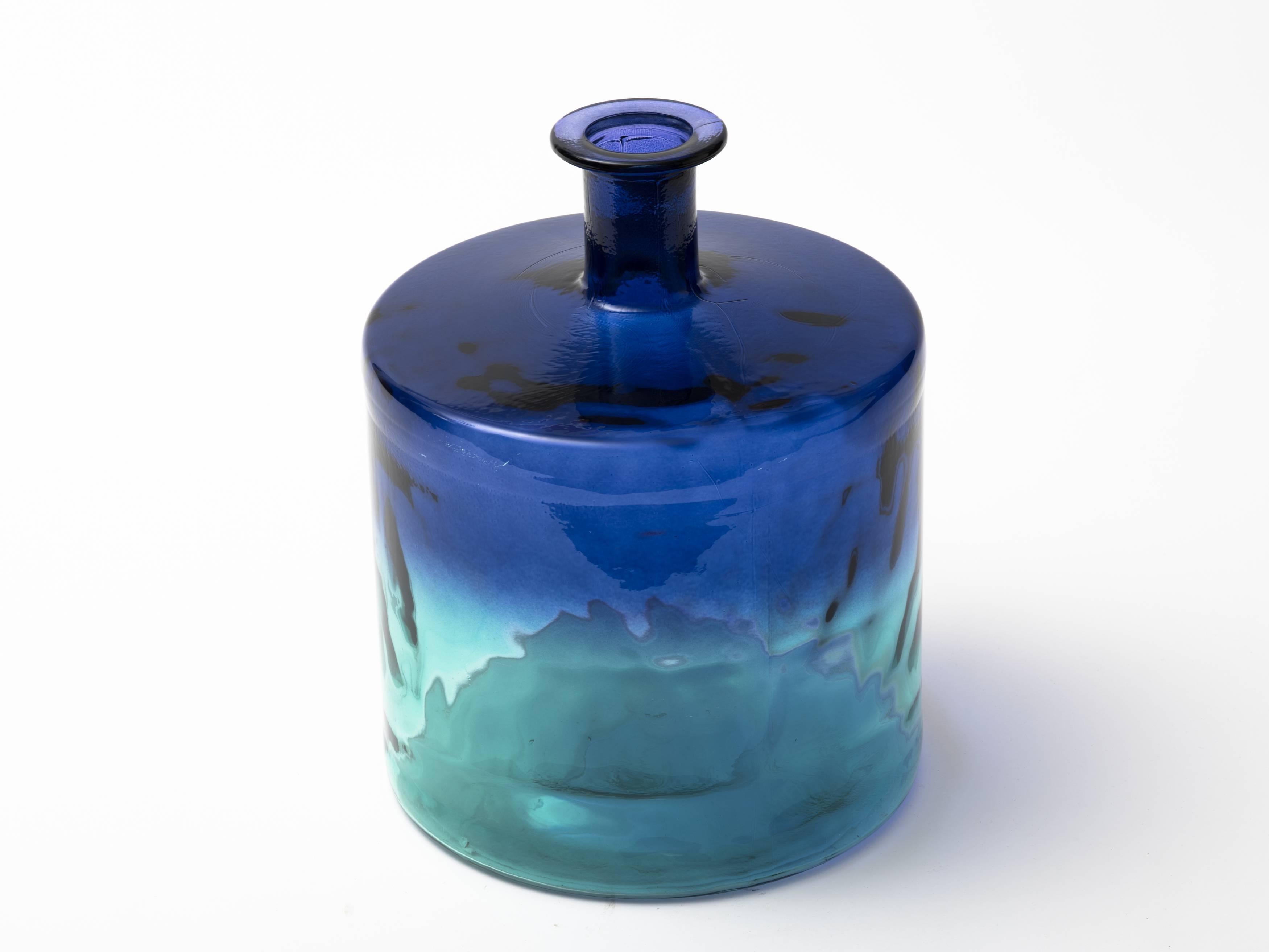 Monumental Indigo and Aquamarine Glass Bottle 2