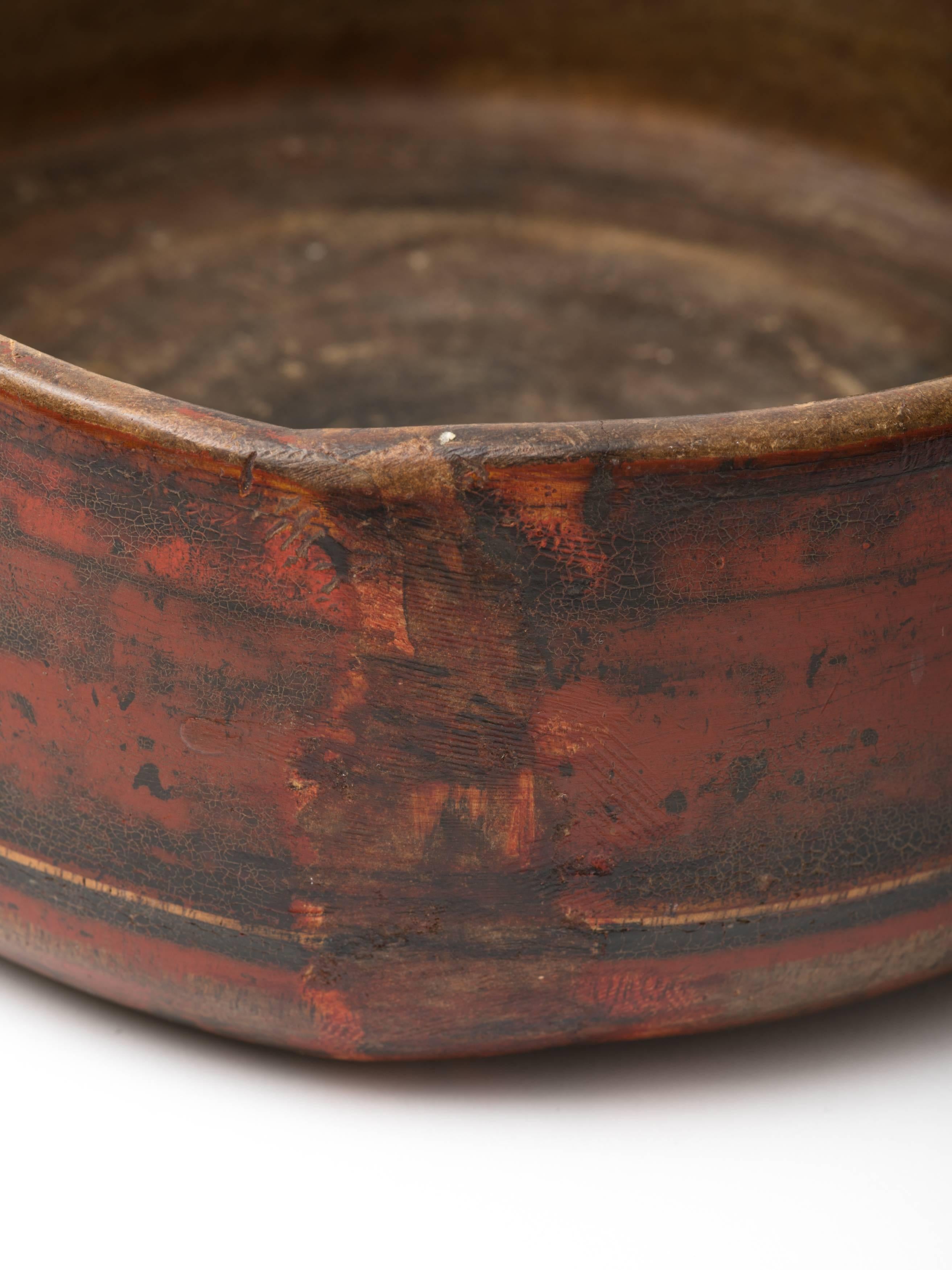 Antique Asian Red Lacquered Wood Bowl In Distressed Condition In New York, NY