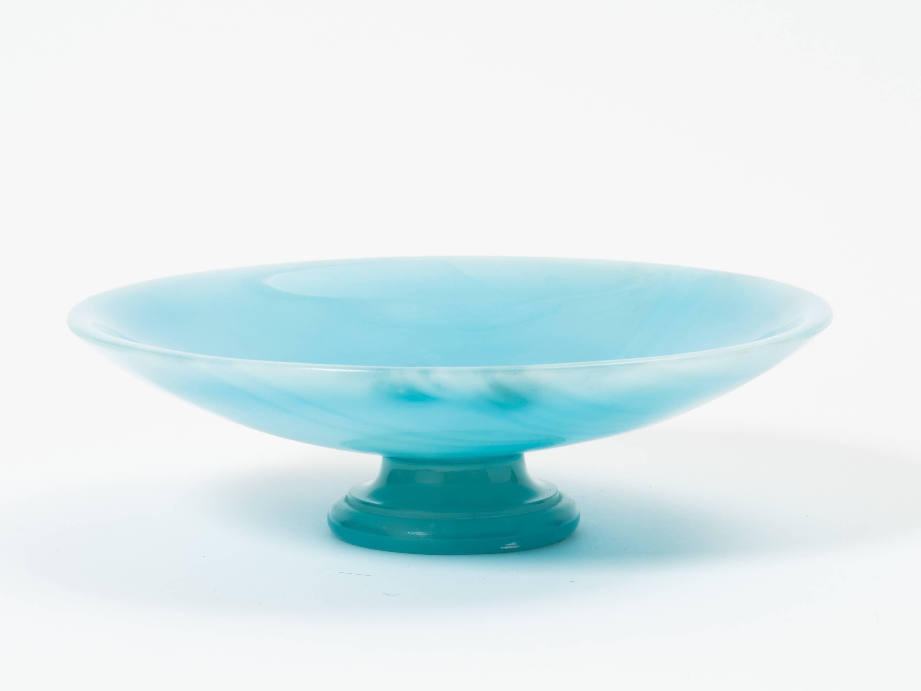Luminescent aquamarine alabaster centerpiece tazza with pedestal. Tazza is new, unused vintage hand-carved and dyed alabaster, Italy, circa 1960s. Original foil labels present.