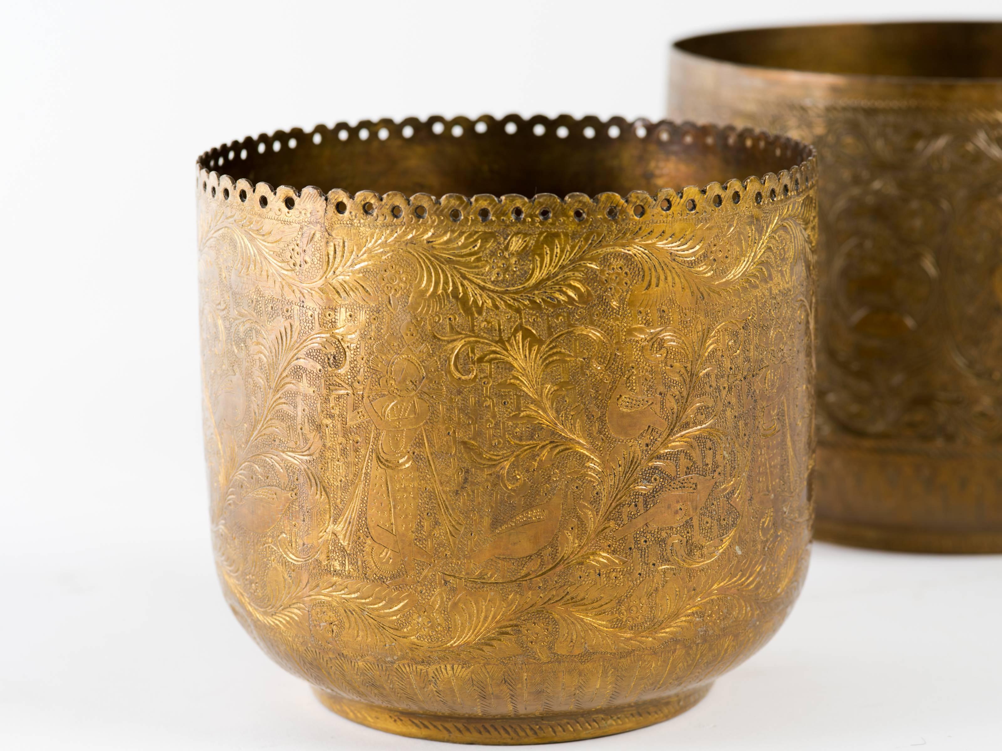 Vintage Indian hand-wrought brass jardiniere vessel. Completely and finely engraved throughout with Indian gods, flora, and fauna.
