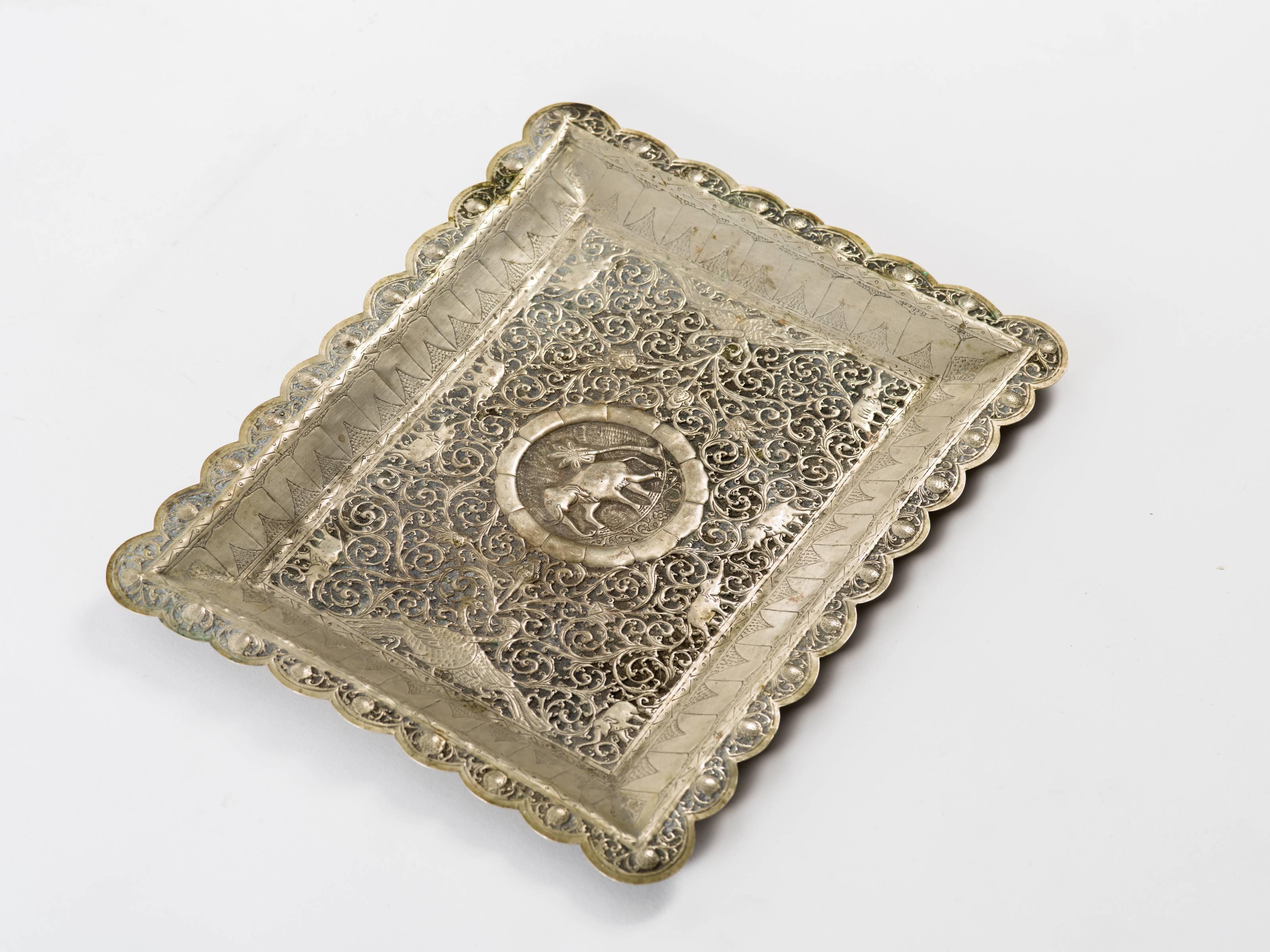 Metal Antique Indian Mughal Motif Engraved Tin Serving Tray For Sale