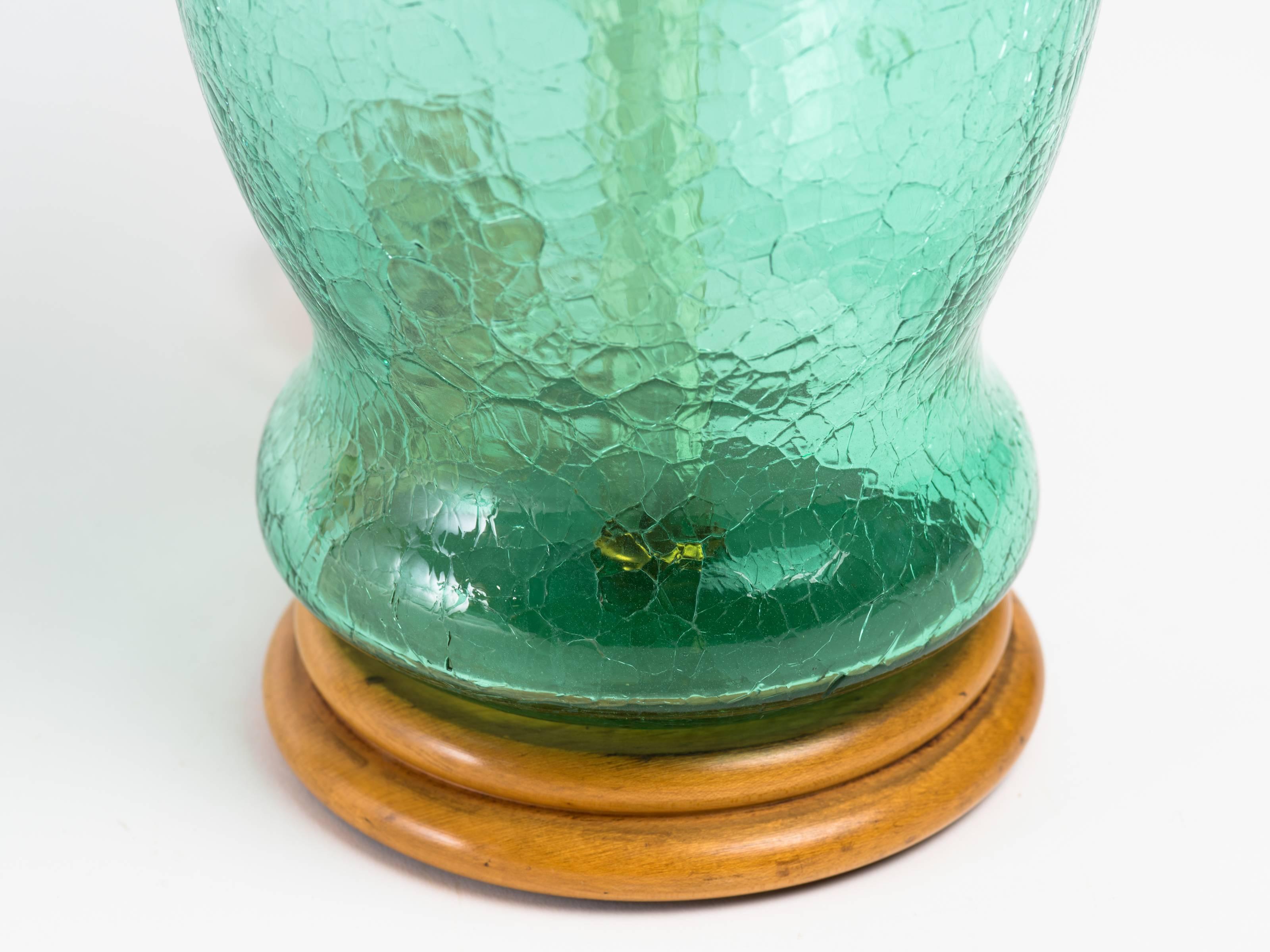 Mid-Century Modern Pair of Blenko 1950s Green Crackle Glass Lamps